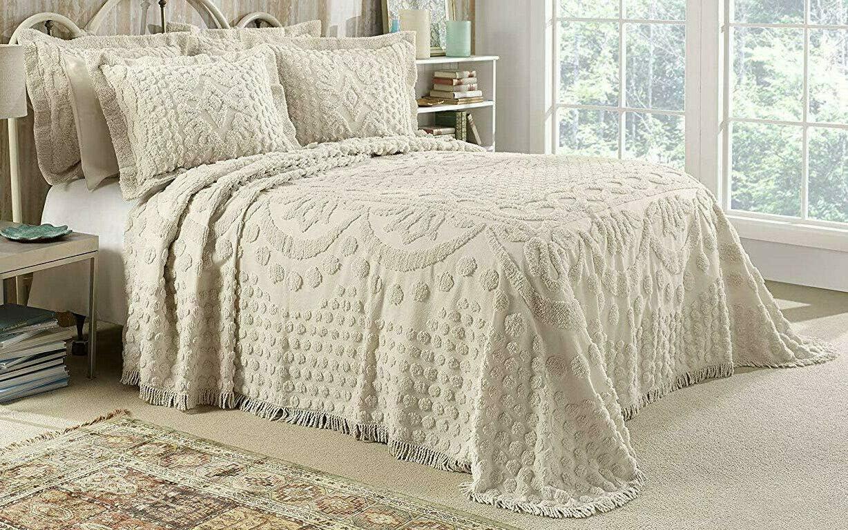 Kingston Chenille Tufted Bedspread And Pillow Sham Set, All Cotton, King Size, Beige