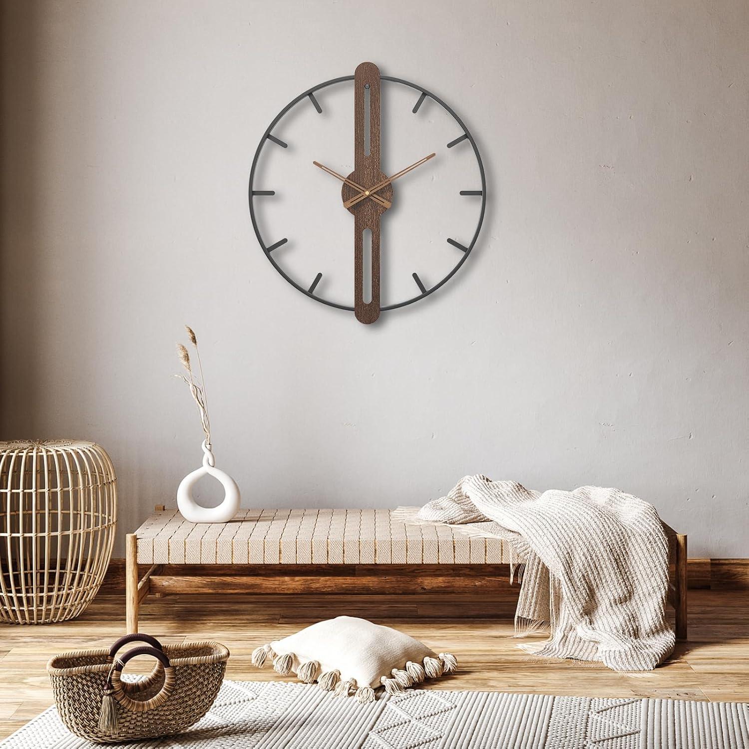 Modern Walnut and Metal Frame Silent 22.5" Wall Clock