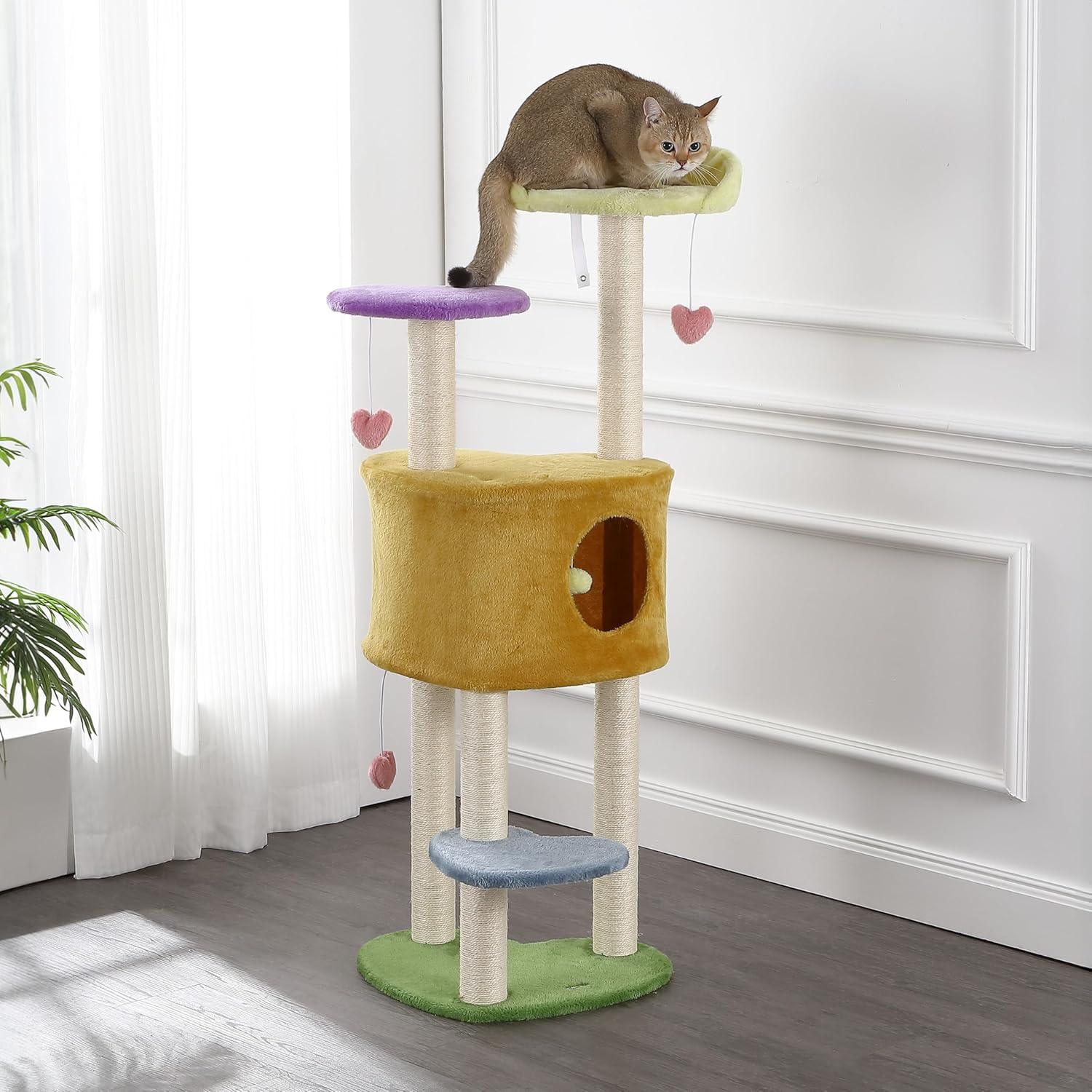 Aisling 4-Tier Modern Sisal Heart Cat Tree with Scratching Posts, Napping Perch, and Dangling Toys