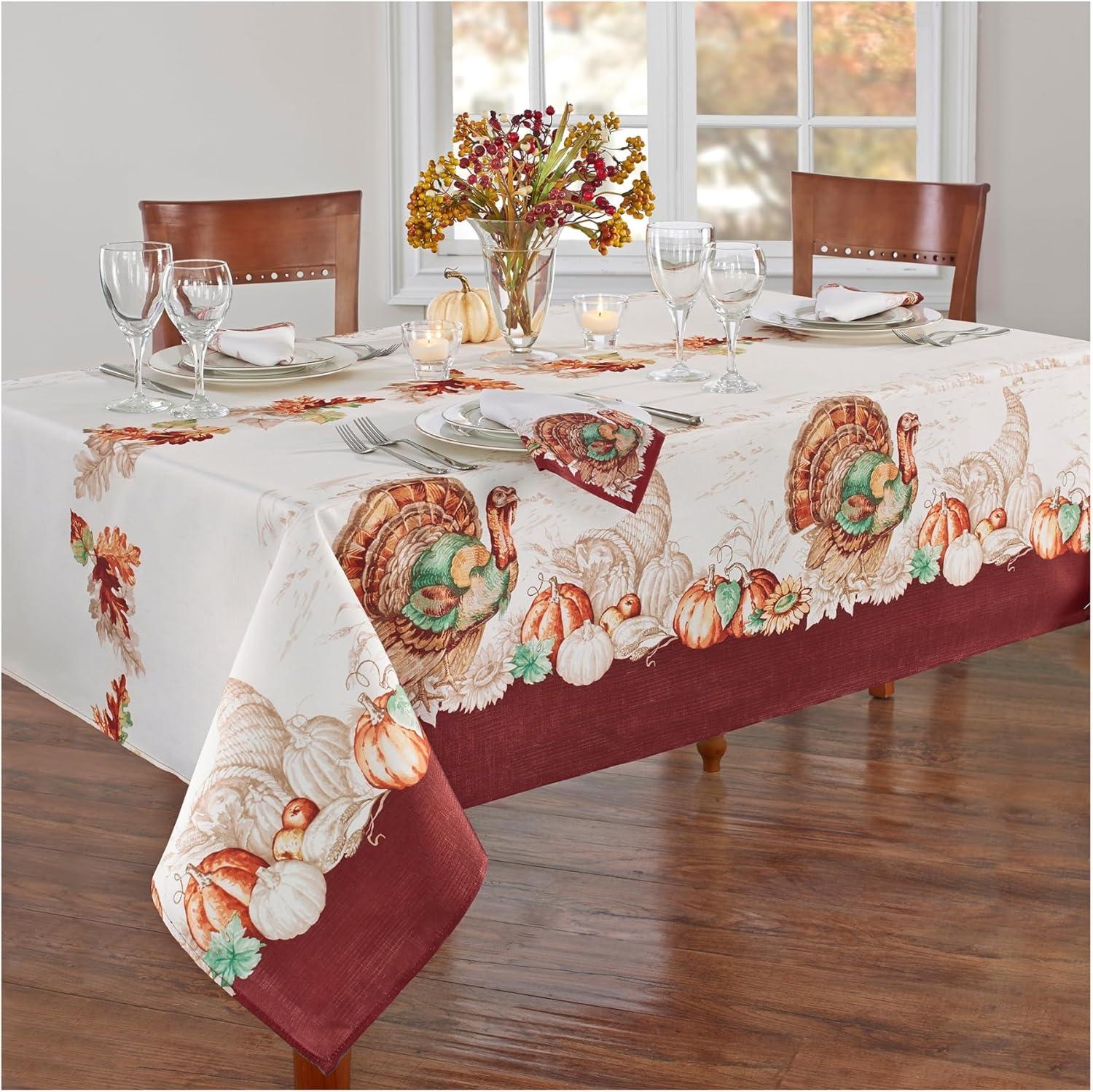 Elrene Home Fashions Holiday Turkey Bordered Fall Wrinkle Resistant Tablecloth, Seasonal Dining-Table Cover, 52" x 52" Square