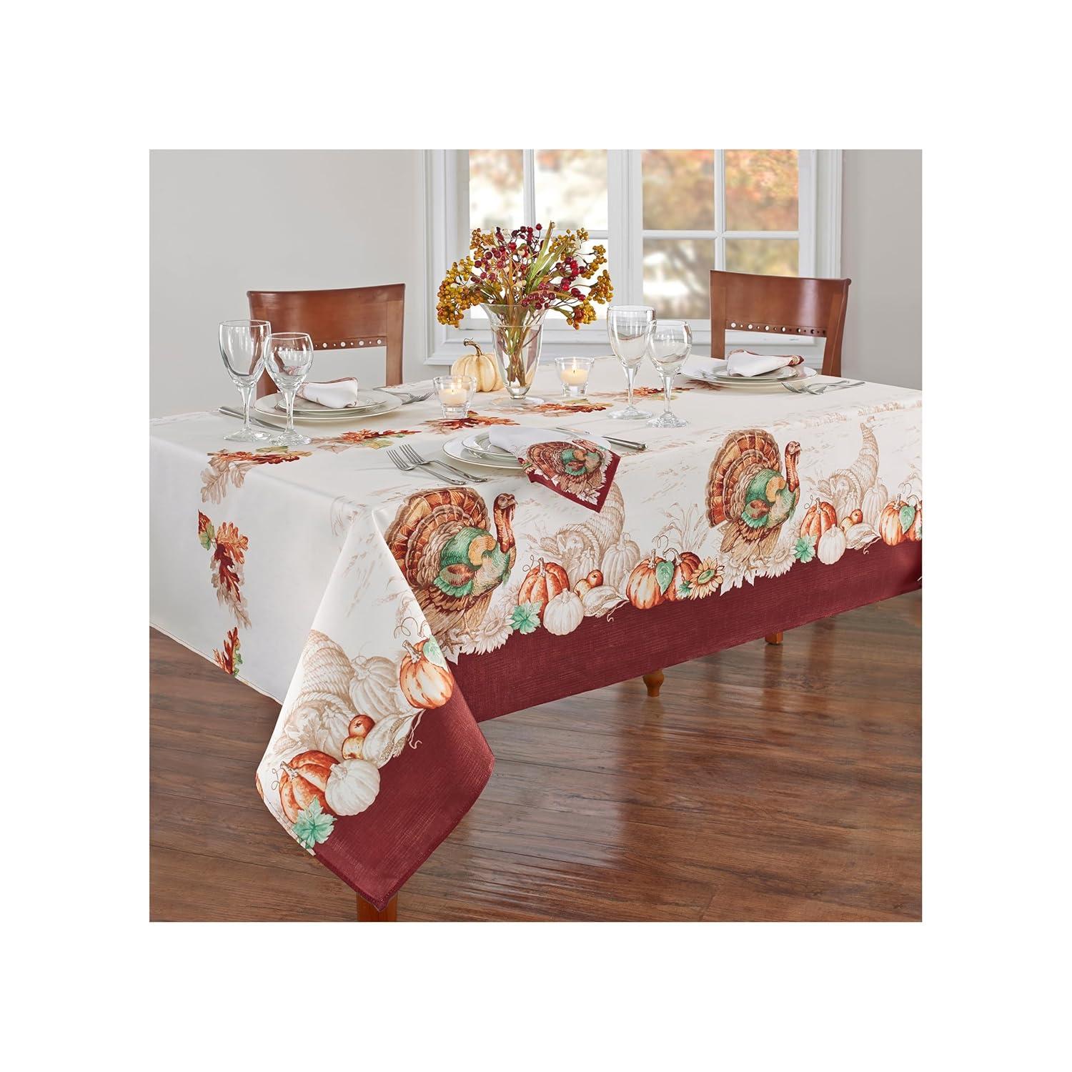 Elrene Home Fashions Holiday Turkey Bordered Fall Wrinkle Resistant Tablecloth, Seasonal Dining-Table Cover, 52" x 52" Square