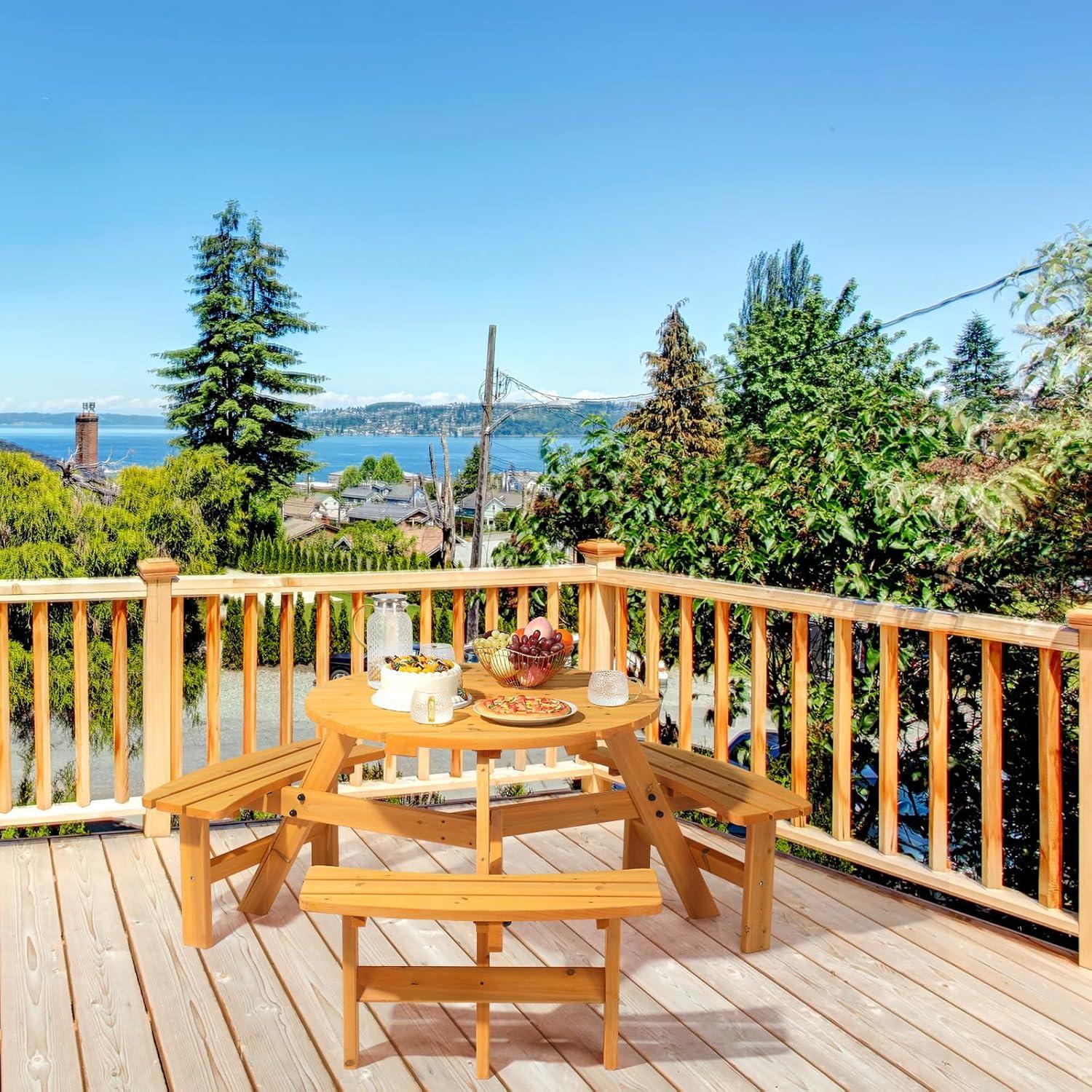 Best Choice Products 6-Person Circular Outdoor Wooden Picnic Table w/ 3 Built-In Benches, 500lb Capacity - Natural