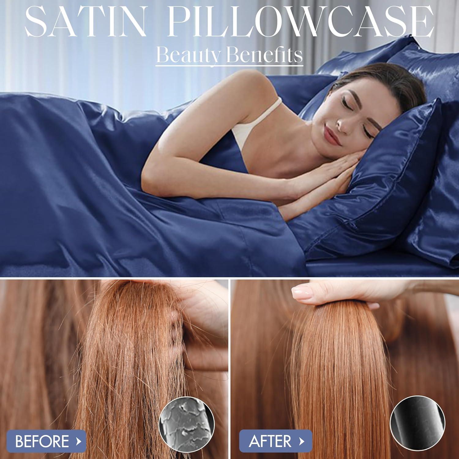 Madison Park Essentials Satin Sheet Set Luxury and Silky with Natural Sheen, Elastic 14" Pocket fits up to 16" Mattress, All Around Elastic - Year-Round Bedding, Cal King, Navy, 6 Piece