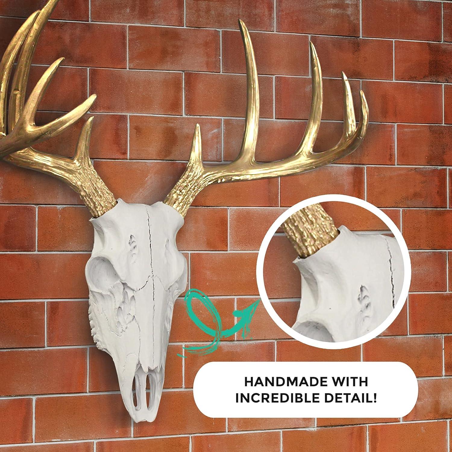 WALL CHARMERS Mini White + Gold Antler Faux Deer Skull - 16" Faux Taxidermy Animal Head Wall Decor - Handmade Farmhouse Decor
