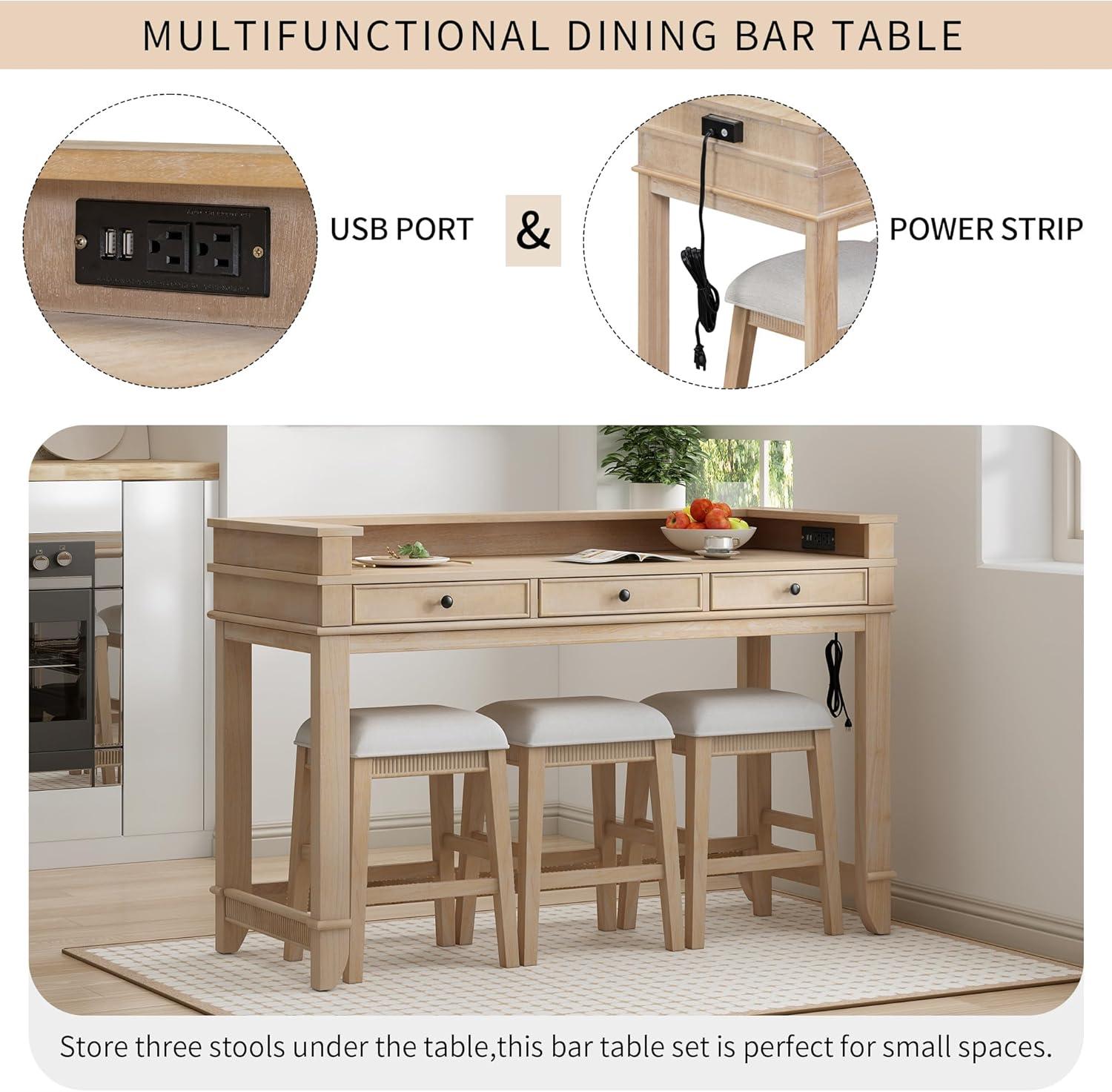 Natural Wood Bar Table Set with 3 Upholstered Stools and USB Port