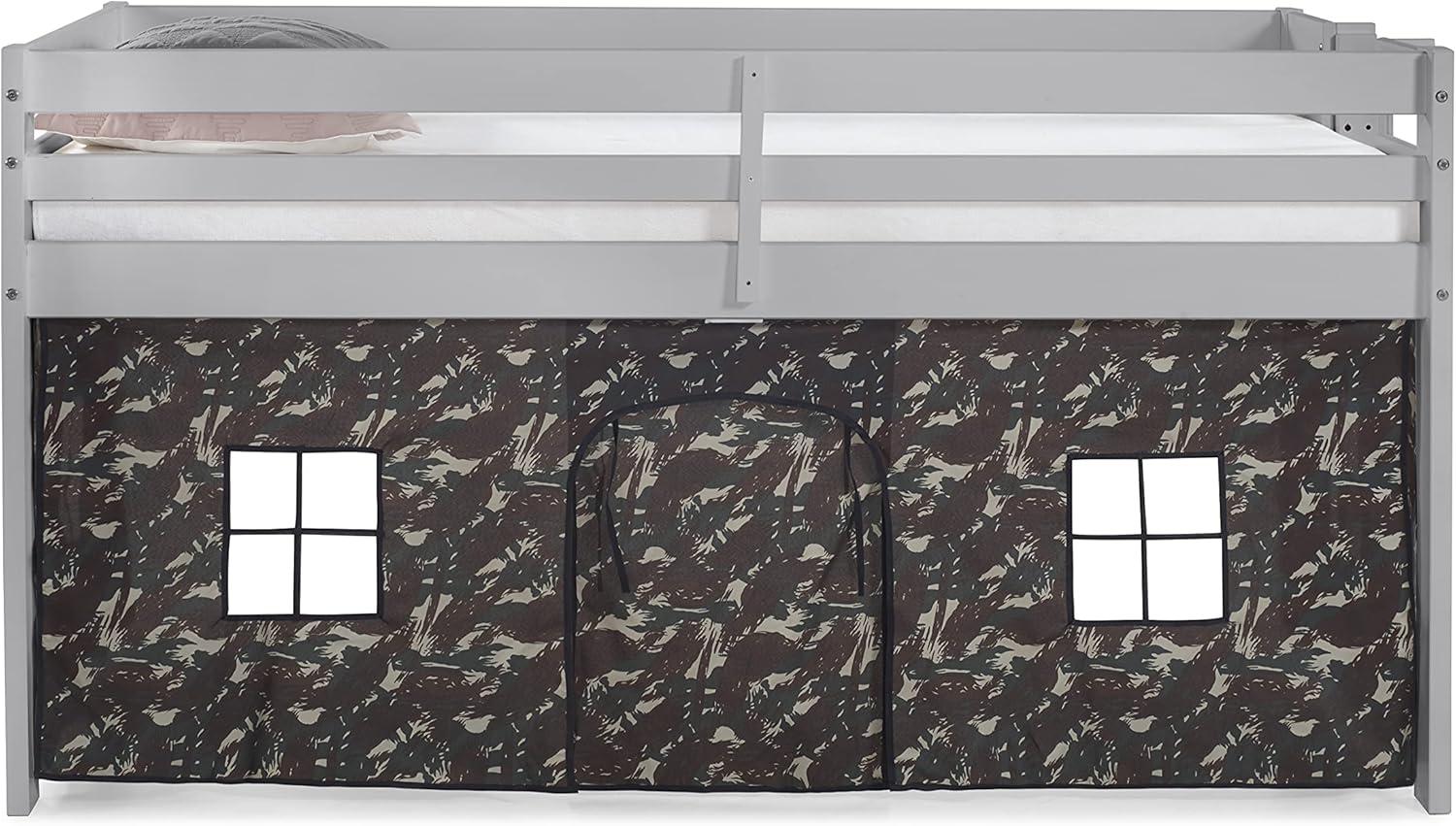 Alaterre Jasper Twin Junior Loft Bed, Dove Gray Frame and Green Camouflage Bottom Playhouse Tent