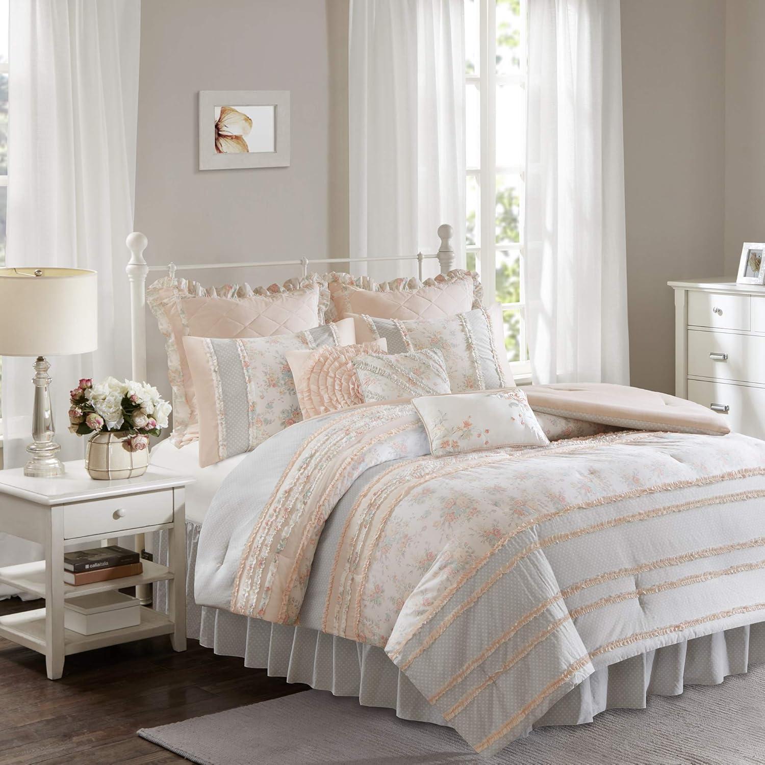 Serendipity Coral/White/Gray Microfiber Traditional Comforter Set