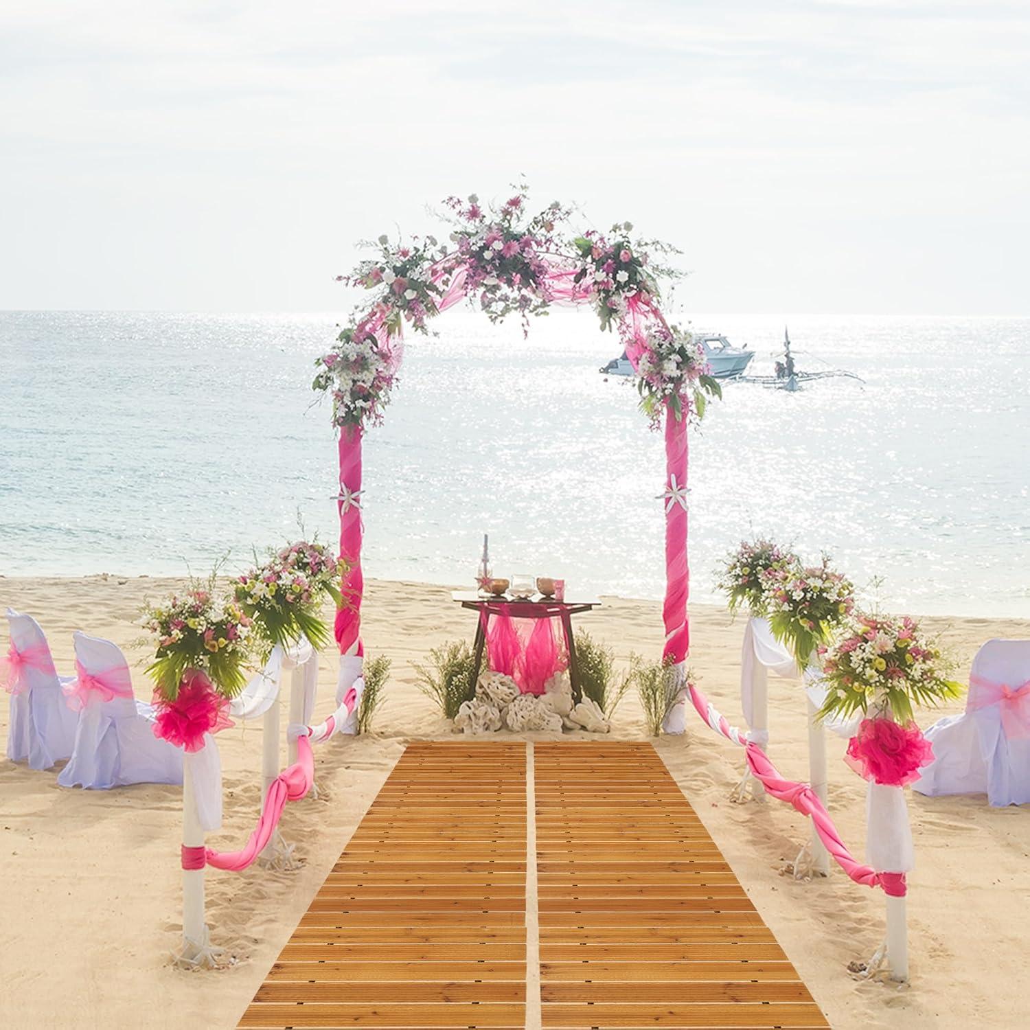 LINSHRY 12FT Wooden Garden Pathway, Outdoor Roll Out Decorative Garden Walkway, Weather-Resistant Non-Slip Hardwood Pathway for Backyard, Beach, Wedding Party Paths