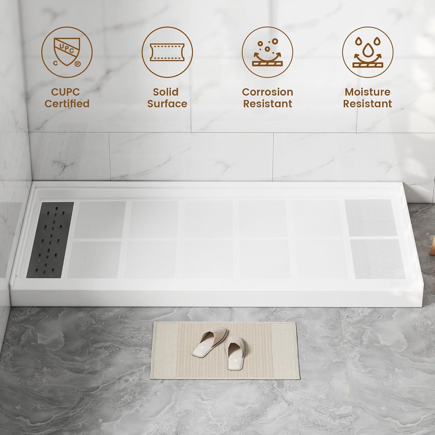 CASAINC 60"W 30/32"D Single Threshold SMC Shower Base Anti-Slip Shower Pan with Drain Assembly & Drain Cover CABR2501WH6030R