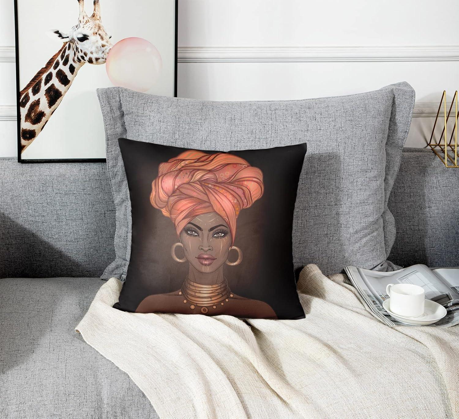 Emvency Throw Pillow Covers Decorative Cases African Pretty Girl of Black Woman with Glossy Lips and Turban Great 20x20 Inch Cover Cushion Pillowcase Square Case Print