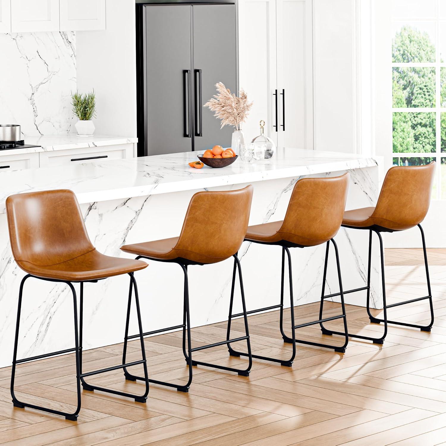 WM 26 inch Counter Height Bar Stools Set of 4, Modern Faux Leather High Barstools with Back and Metal Leg, Bar Chairs for Indoor & Outdoor, Brown