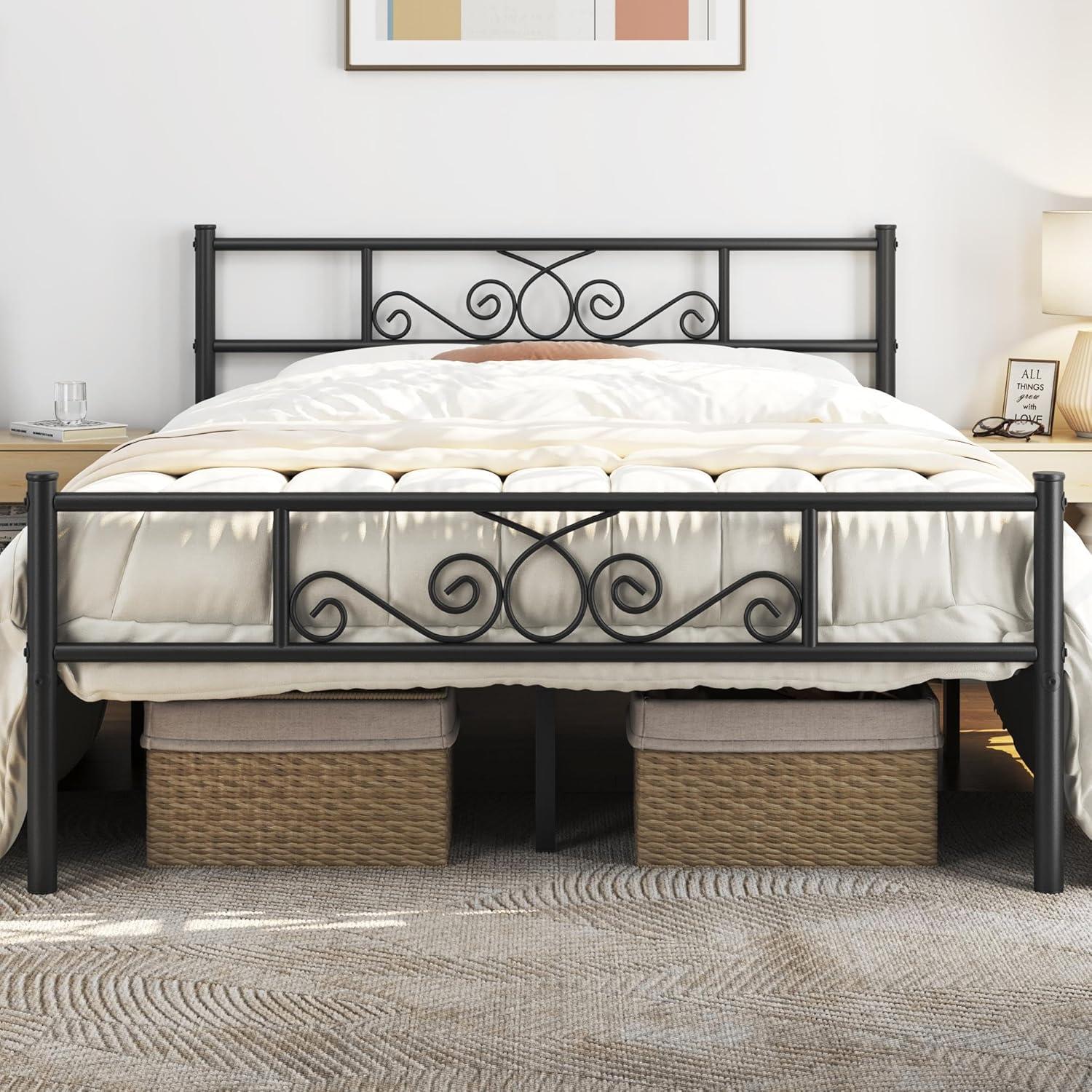 Black Metal Queen Bed Frame with Headboard and Storage