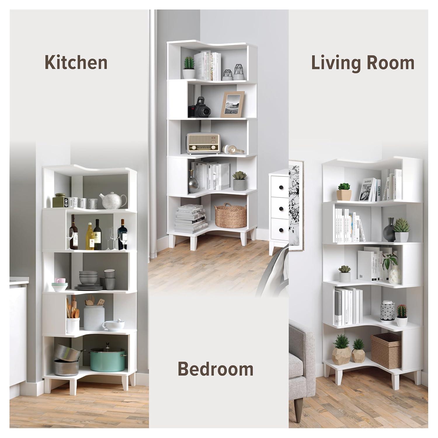 Prepac Nordik 6-Tier White Modern Mid Century Corner Bookcase, 71.5" Extra Tall White Corner Shelf with Storage, Multifunctional Freestanding Bookshelf for Home Office, Living Room, Bedroom
