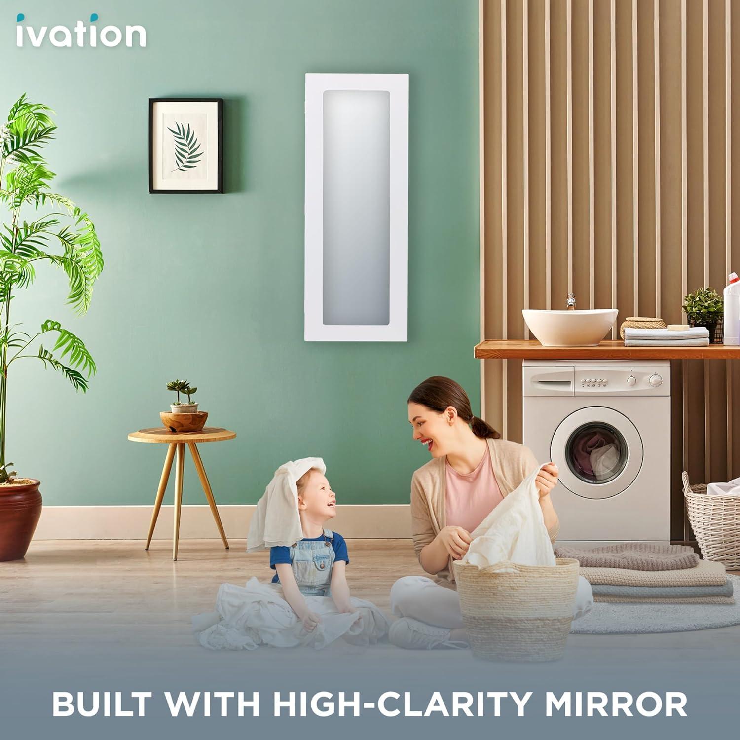 Ivation Ironing Board, Wall Mounted Ironing Board Cabinet W/Left Side Door, Mirror & Lever, White