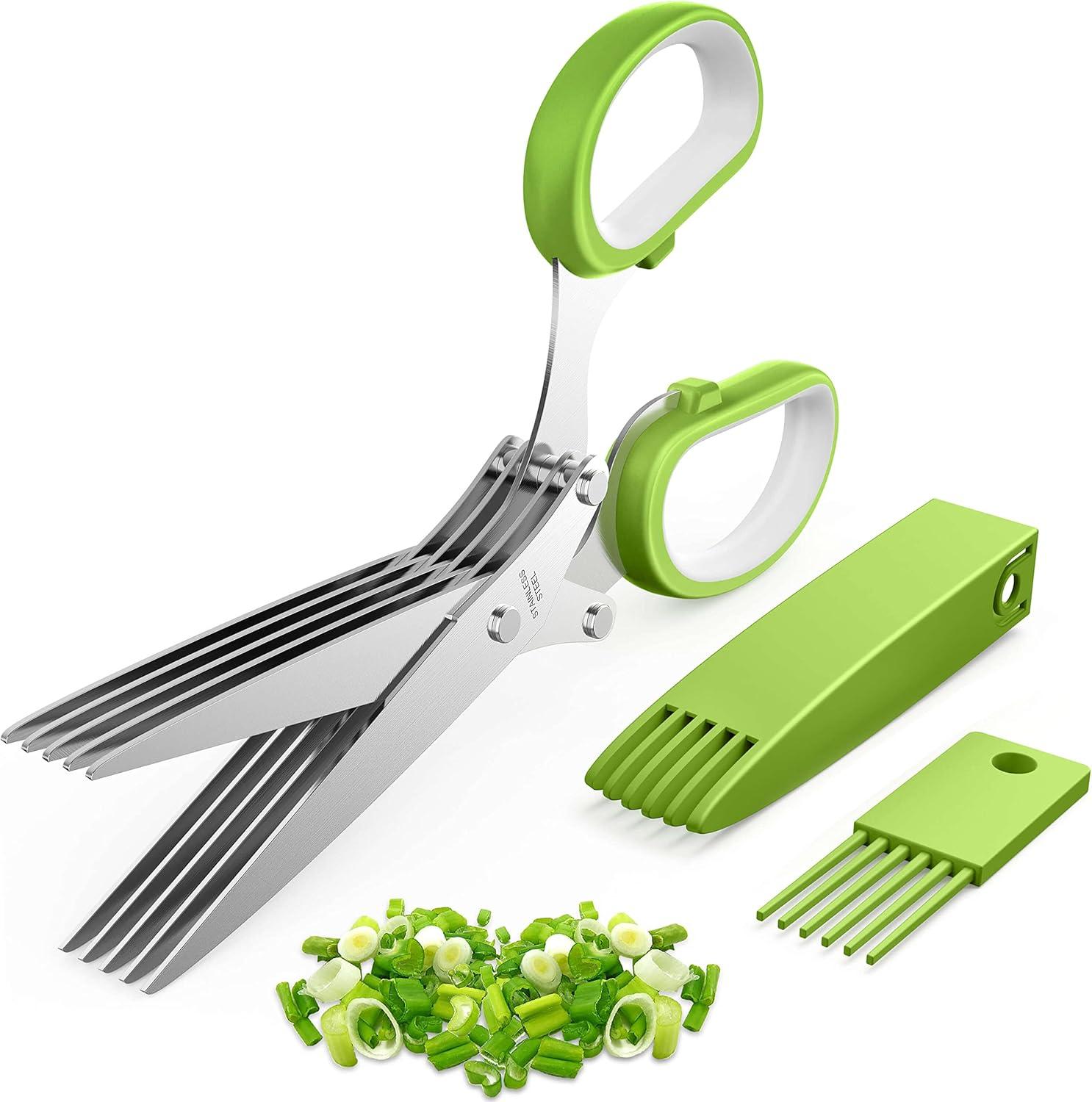 Herb Scissors, Kitchen Herb Shears Cutter with 5 Blades and Cover, Sharp Dishwasher Safe Kitchen Gadget - Green C49