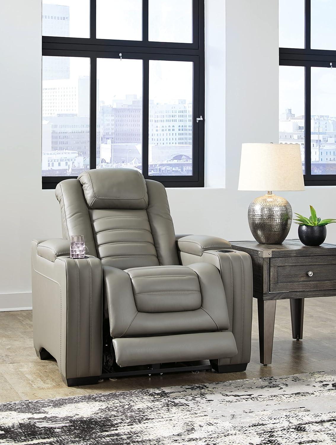 Gray Leather Contemporary Power Recliner with Air Massage