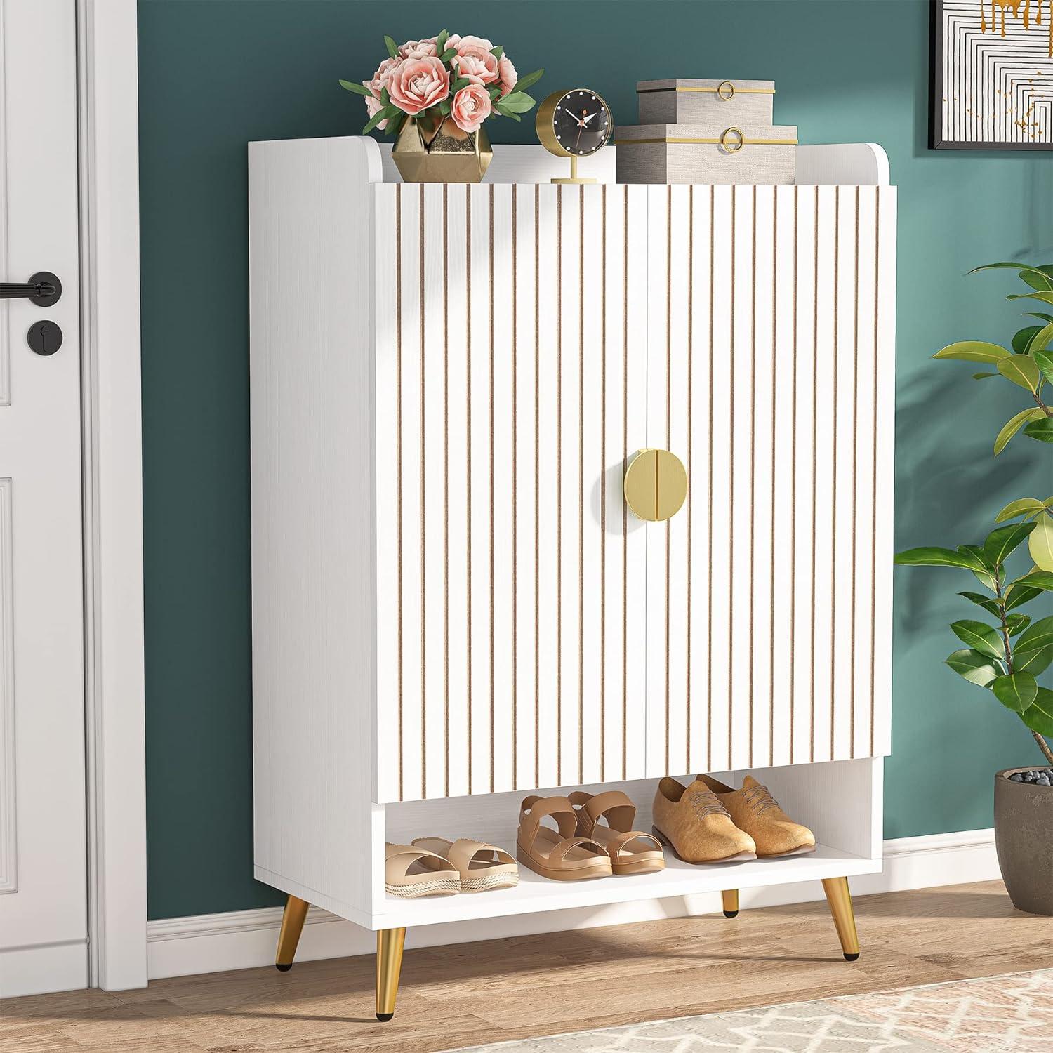 White and Gold 6-Tier Wooden Shoe Cabinet with Adjustable Shelves