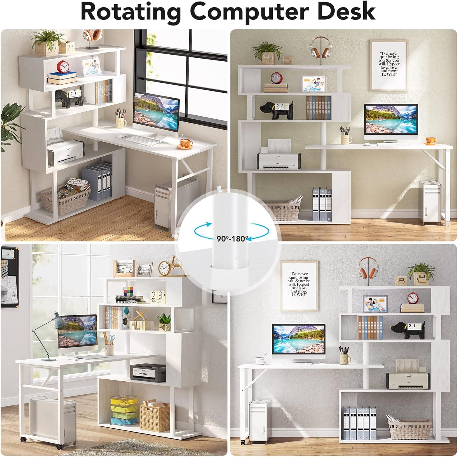 Tribesigns Rotating Computer Desk with 5 Shelves Bookshelf, Modern L-Shaped Corner Desk with Storage, Reversible Office Desk Study Table Writing Desk on Wheels for Home Office