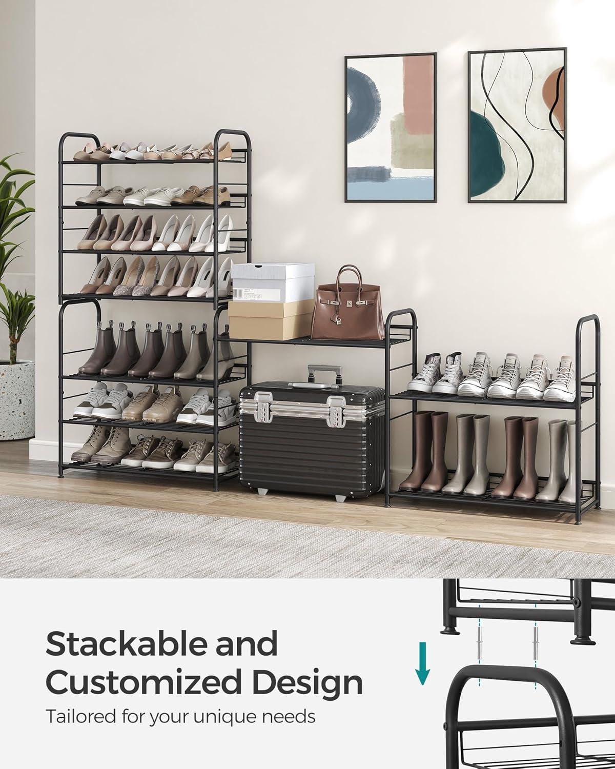 SONGMICS 4 Tier Shoe Rack Metal Stackable Shoes Rack Storage Shelf Holds up to 20 Pairs Shoes Adjustable Slanted Shelves Shoe Tower Organizer for Closet Entryway Small Spaces Black