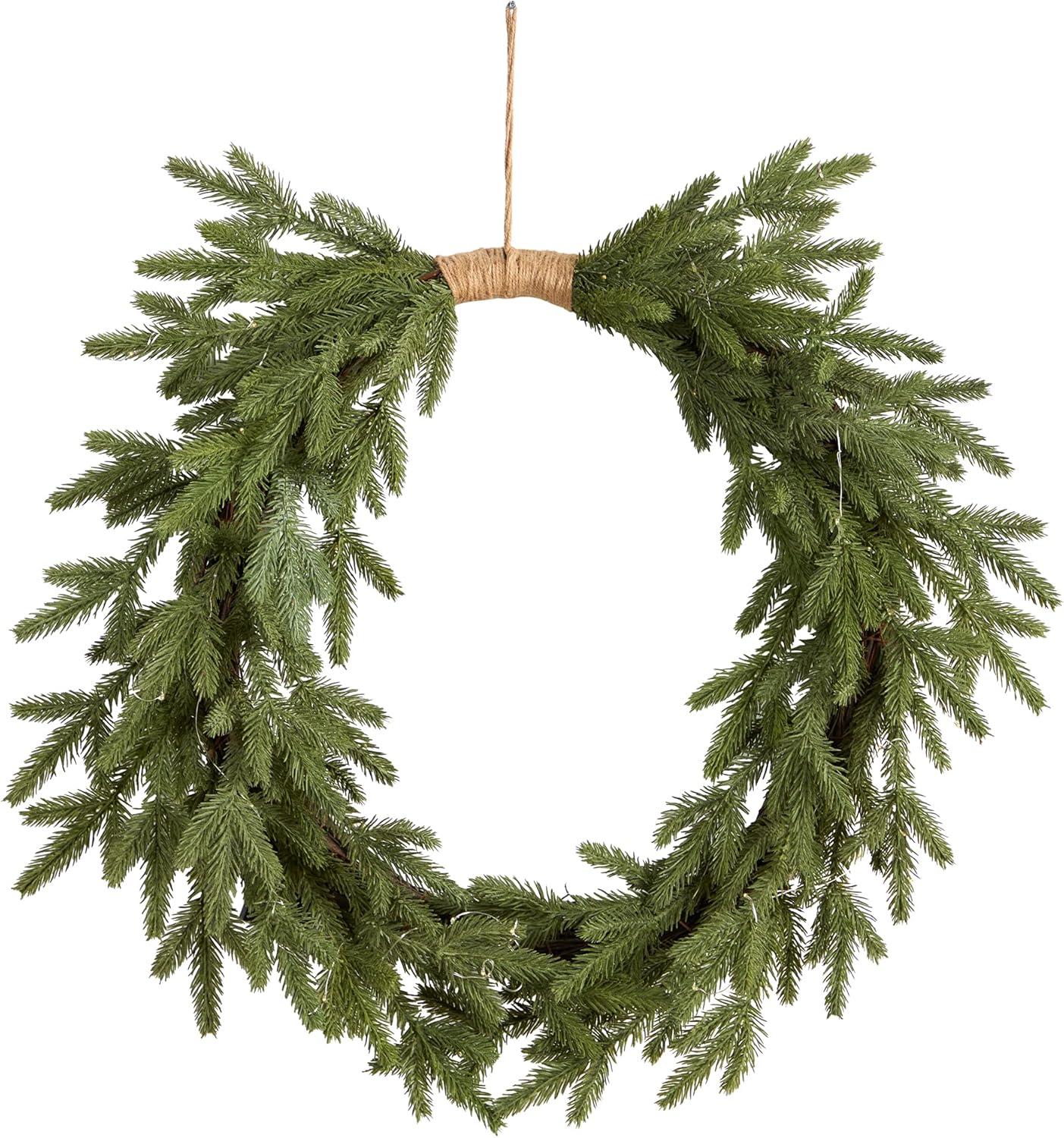 Nearly Natural 24" Pre-lit LED Cascading Pine Artificial Christmas Wreath Green with Warm White Lights: Door Decor, Indoor Use