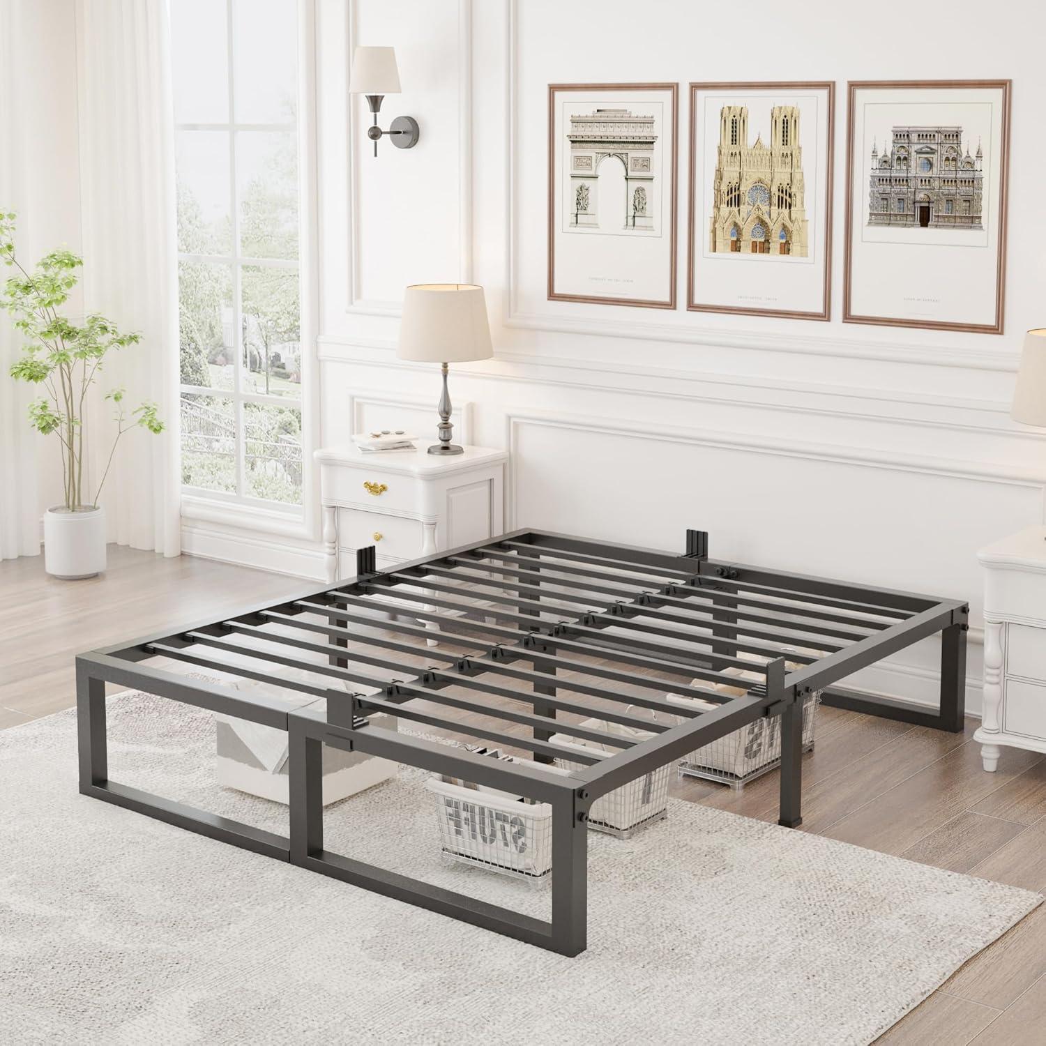 14-Inch Matte Black Alloy Steel Queen Bed Frame with Slats