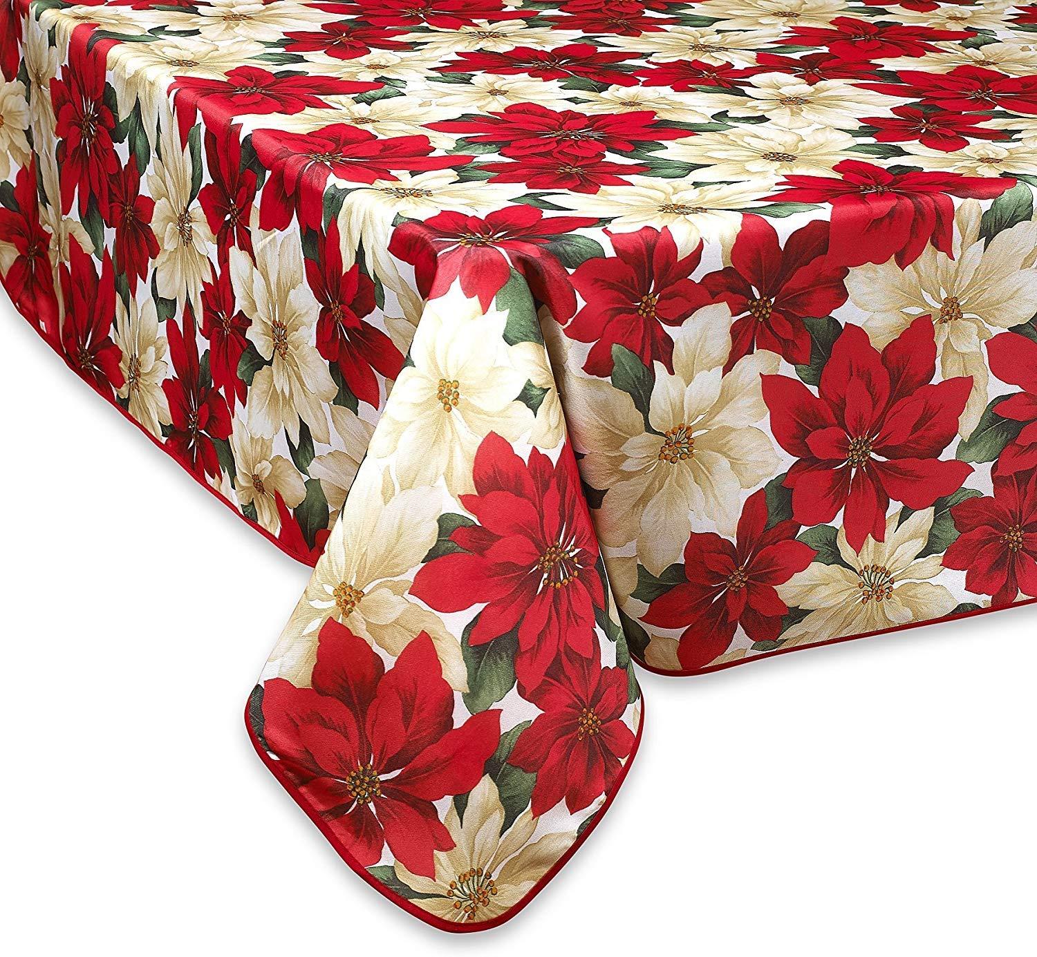 European Holiday Christmas Poinsettia Floral Design Printed Tablecloth - Beige - 60" by 120" Oblong / Rectangle