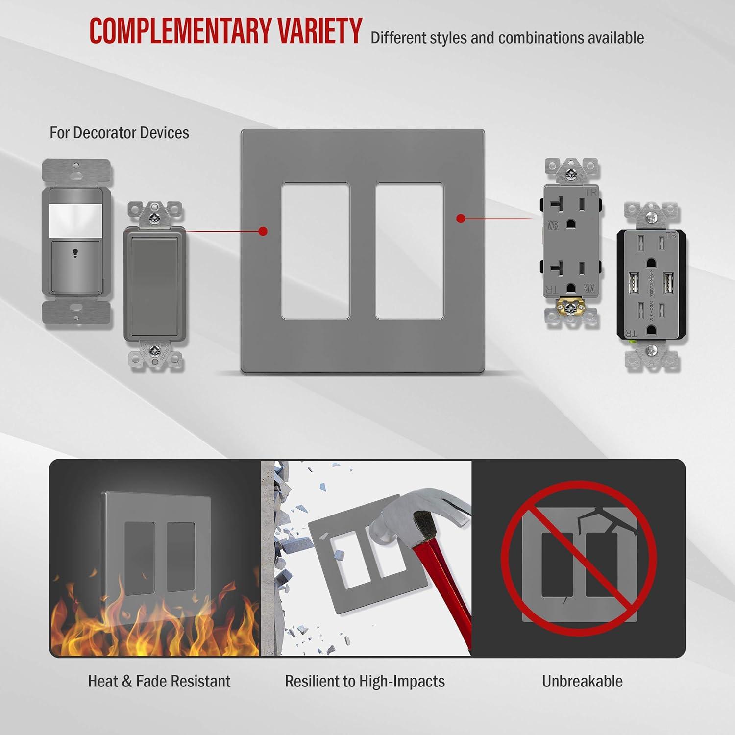 ENERLITES Screwless Decorator Wall Plates Child Safe Outlet Covers, Size 2-Gang 4.68" H x 4.73" L, Unbreakable Polycarbonate Thermoplastic, SI8832-GY, Glossy, Gray