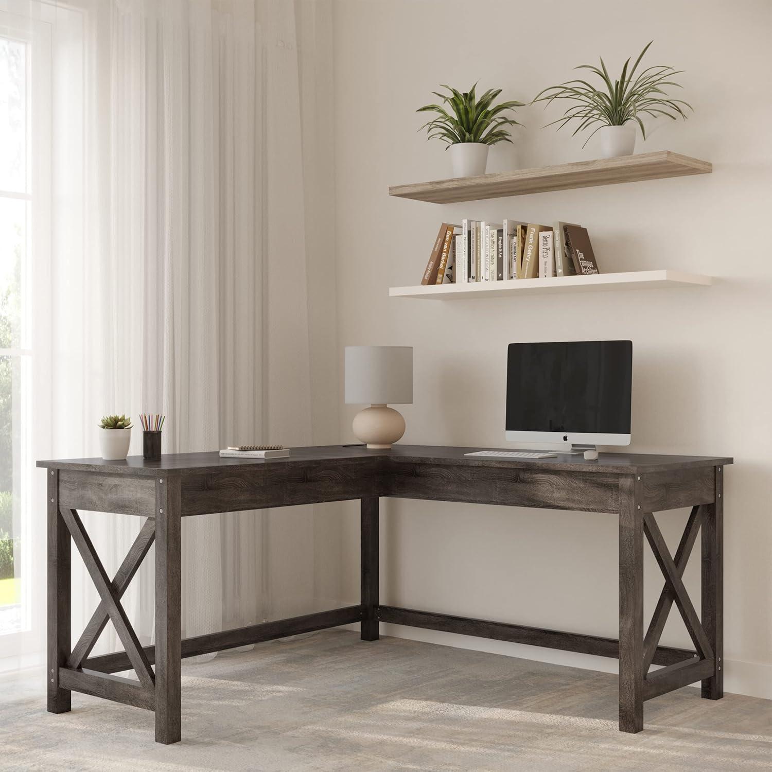 Lavish Home 59" L-Shaped Farmhouse Style Desk with Return for Home Office in Dark Gray Oak Finish