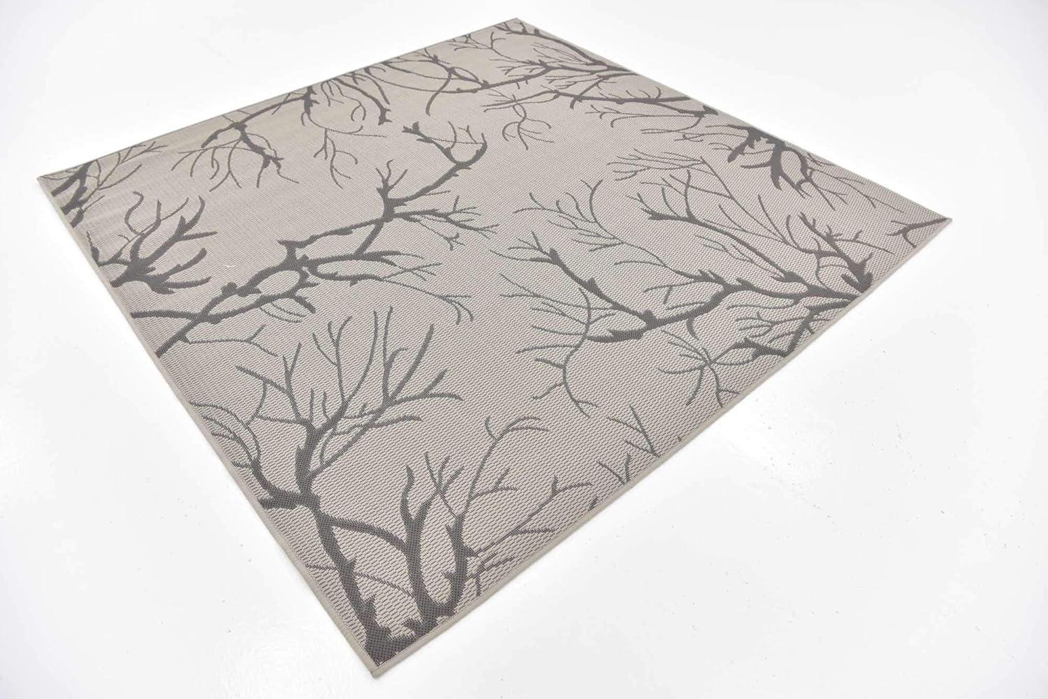 Unique Loom Branch Outdoor Botanical Rug , 6' 1" x 6' 1" ,Light Gray