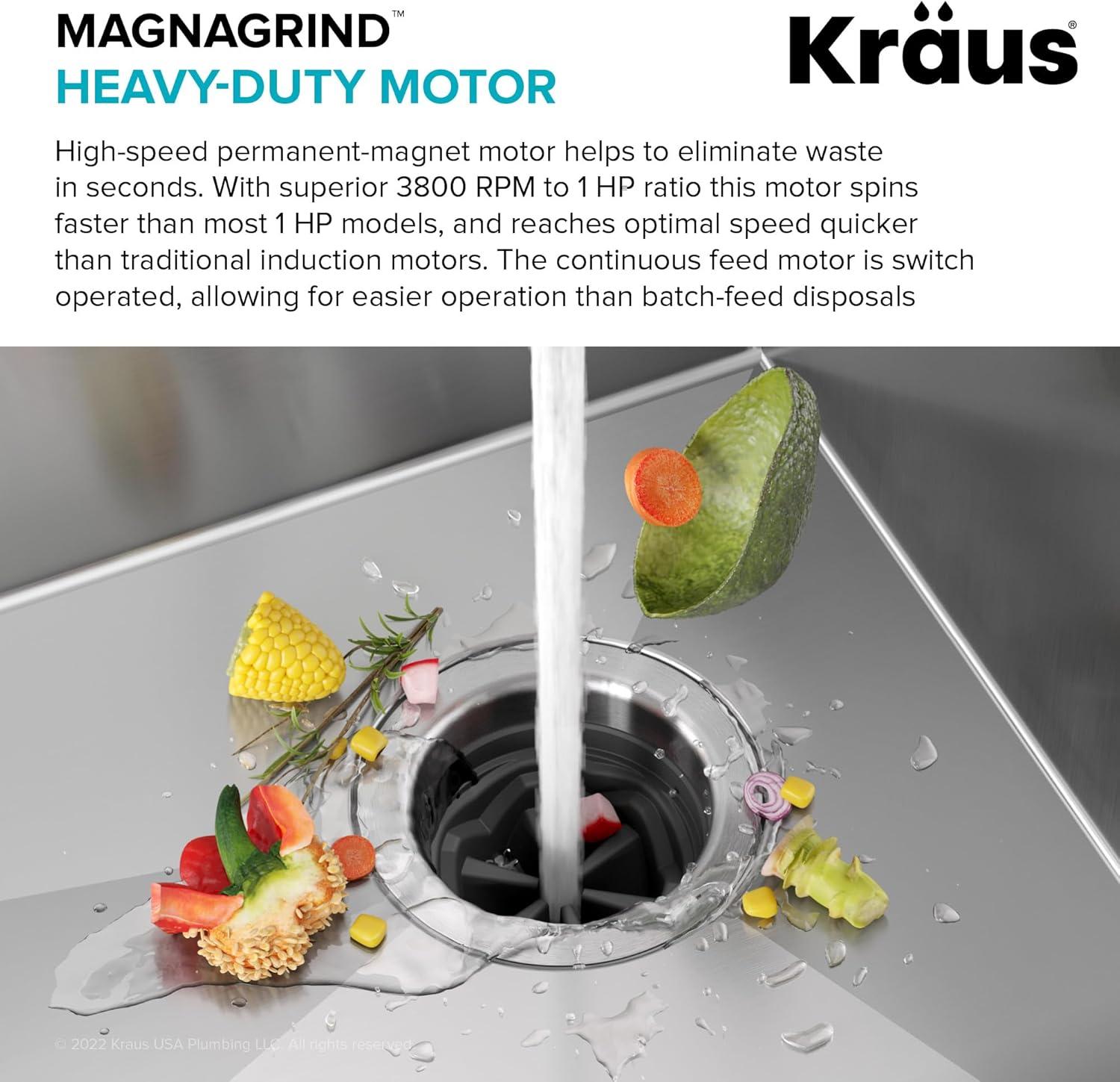 Kraus KRAUS Wasteguard High-Speed 1 HP Continuous Feed Ultra-Quiet Motor Garbage Disposal With Power Cord And Flange Included And Universal Mount, KWD200-100MGR