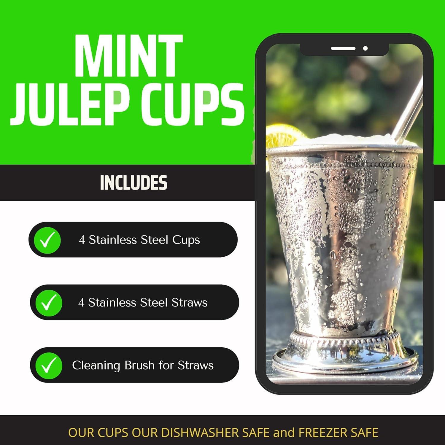 Mint Julep Cups Set of 4 with Straws - Polished Inside - 12oz Commercial Grade - Stainless Steel Mint Julep Cup - Horse Racing Derby Cups - Mint Julep Glasses are Great as Derby Party - Mint Julep Kit