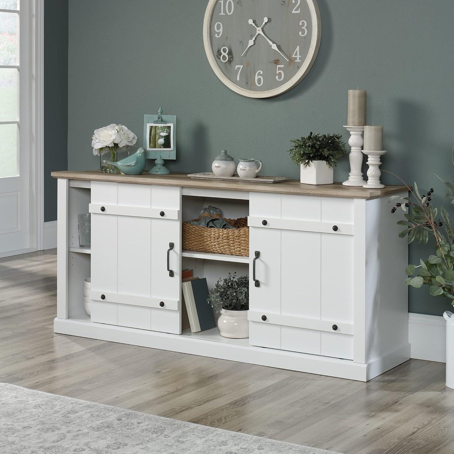 Soft White Farmhouse TV Stand with Oak Accent for 70" TVs