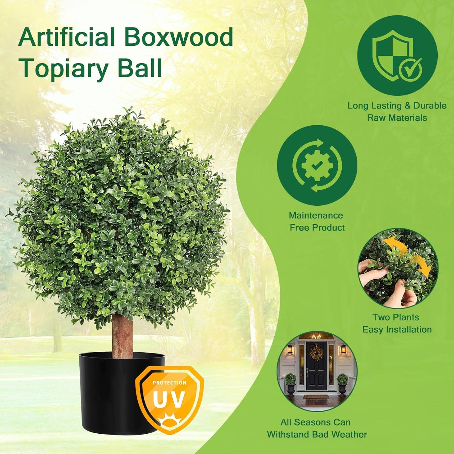 JepoIA Artificial Boxwood Topiary Tree Set of 2, Artificial UV Resistant Bushes, Faux Potted Tree, Plant in Pot w/Dried Moss, Fake Shrubs for Indoor, Front Porch, Outdoor, w/Orange Flower