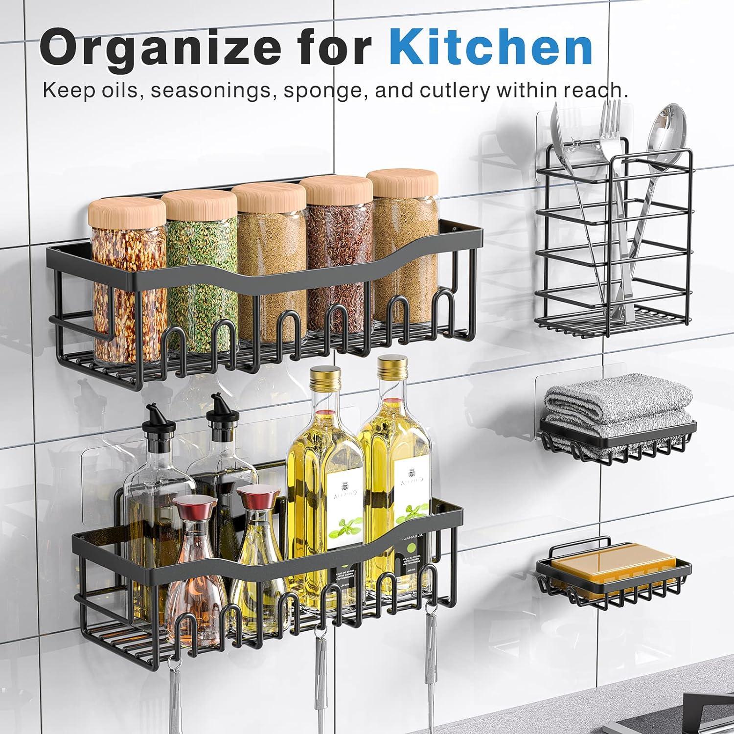 5Pack Shower Caddy Shelf Organizer with Soap Holder, Stainless Steel Bathroom Shelves Basket with Adhesives/Screws, Hooks, Storage Rack for Kitchen Black