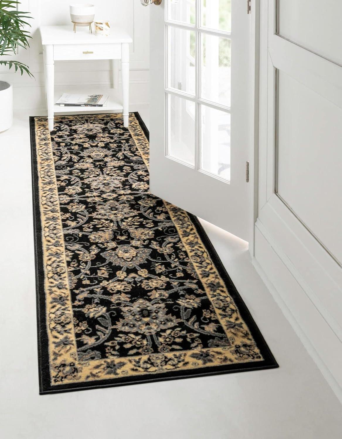 Black and Beige Floral Synthetic Runner Rug