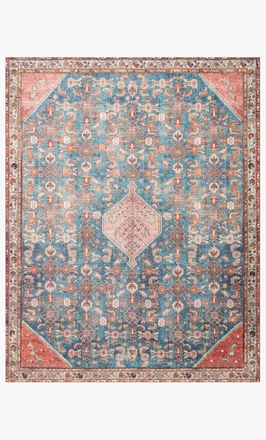 Blue and Clay Vintage Distressed Polyester Accent Rug