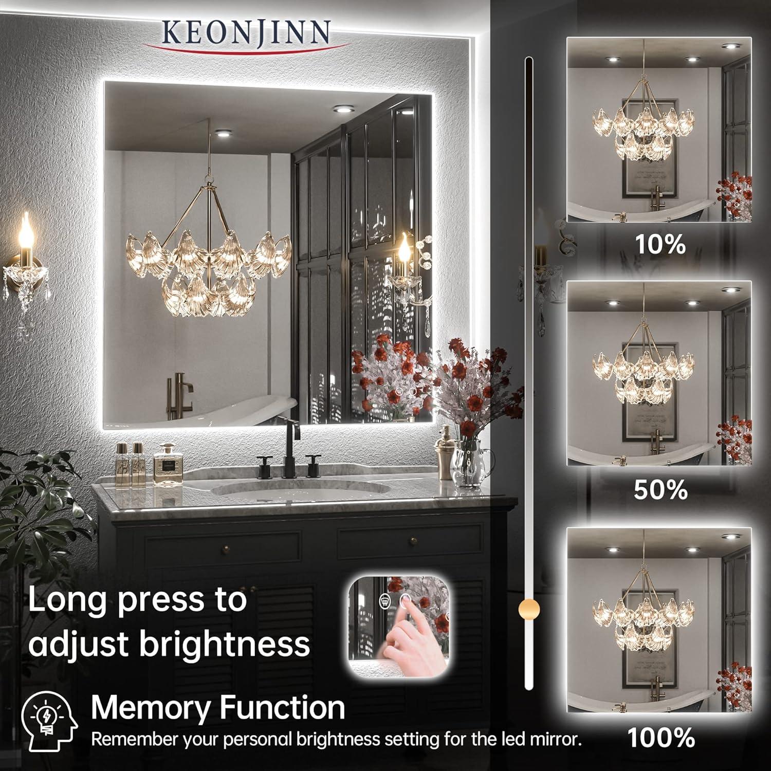 Keonjinn 36"x36" LED Backlit Mirror with Anti-Fog Dimmable Makeup Wall Mounted Mirror with Light, CRI90 IP54 Waterproof for Bathroom(Horizontal/Vertical)