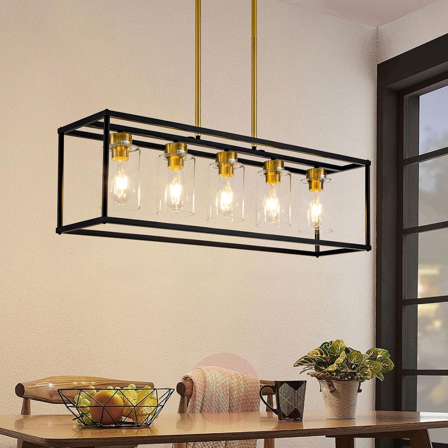 Modern Black and Brass 5-Light Island Chandelier with Glass Shades