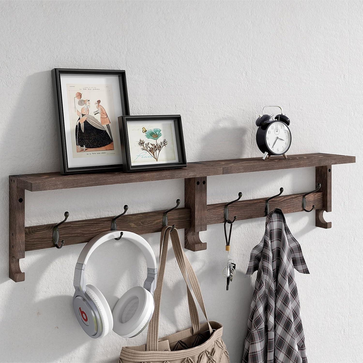 Brown Wood Wall-Mounted Entryway Shelf with Hooks