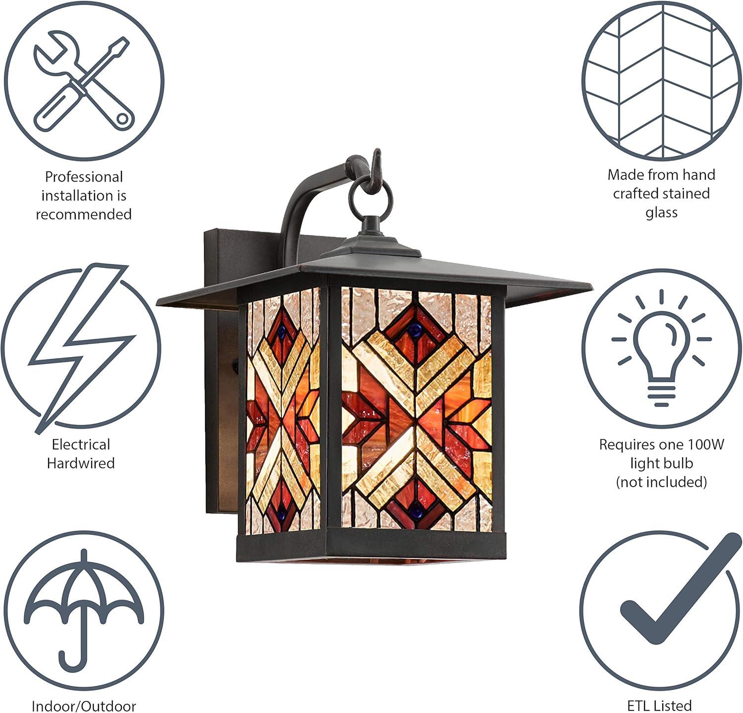 River of Goods 11.75" Stained Glass 1-Light Tiffany Style Bronze Outdoor Lantern Wall Sconce: ETL Listed, Metal Body, No Battery Required