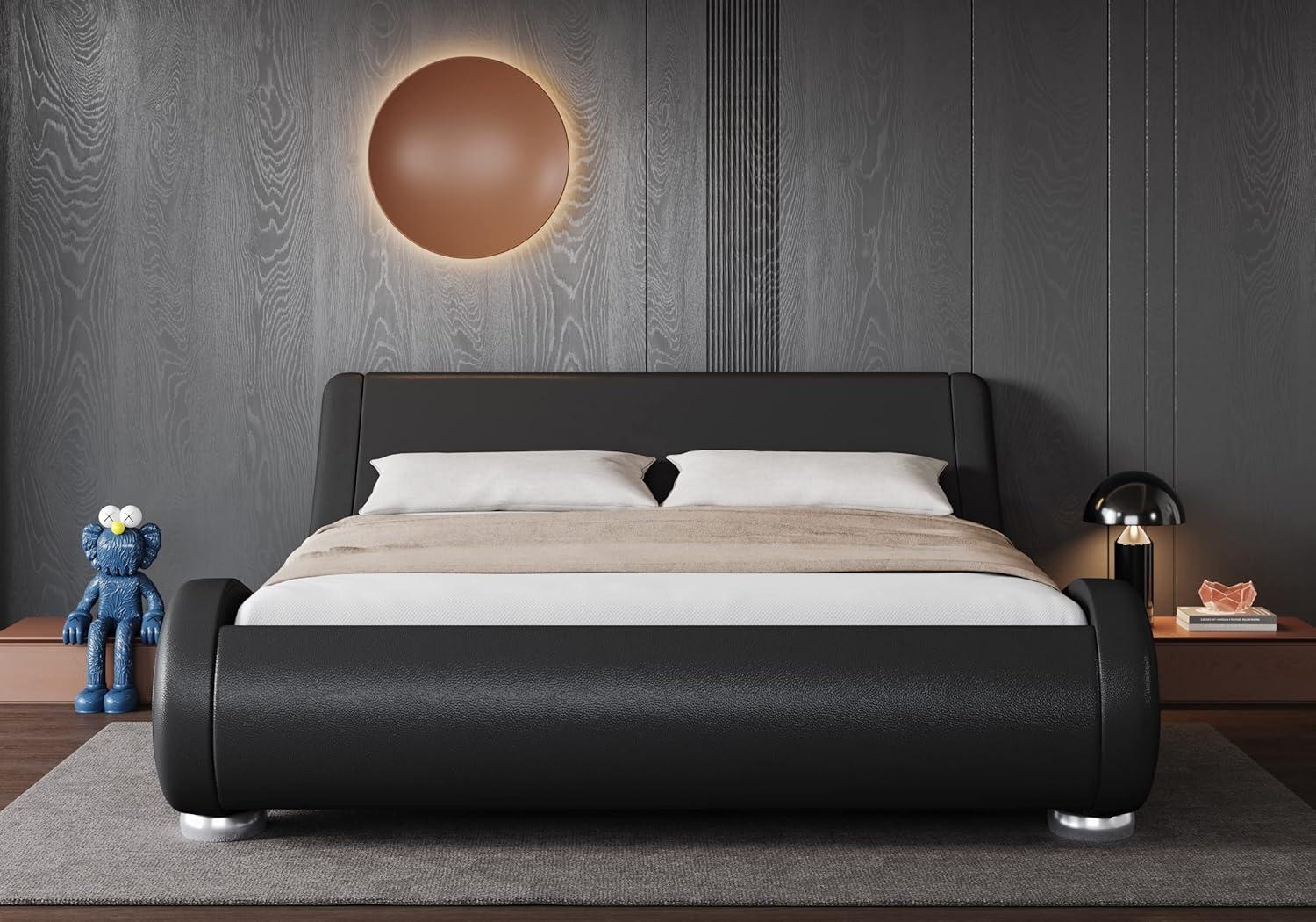 Allewie Queen Size Low Profile Modern Upholstered Platform Bed Frame with Ergonomic & Adjustable Headboard, Black