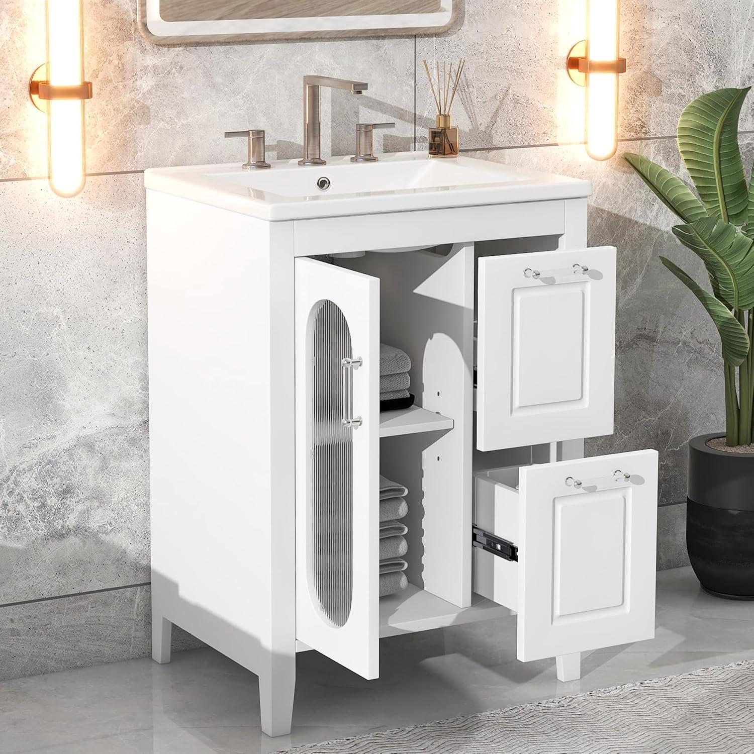 24" Bathroom Vanity with Sink, Bathroom Vanity Cabinet with Two Drawers and Door, Adjustable Shelf, Solid Wood and MDF, White