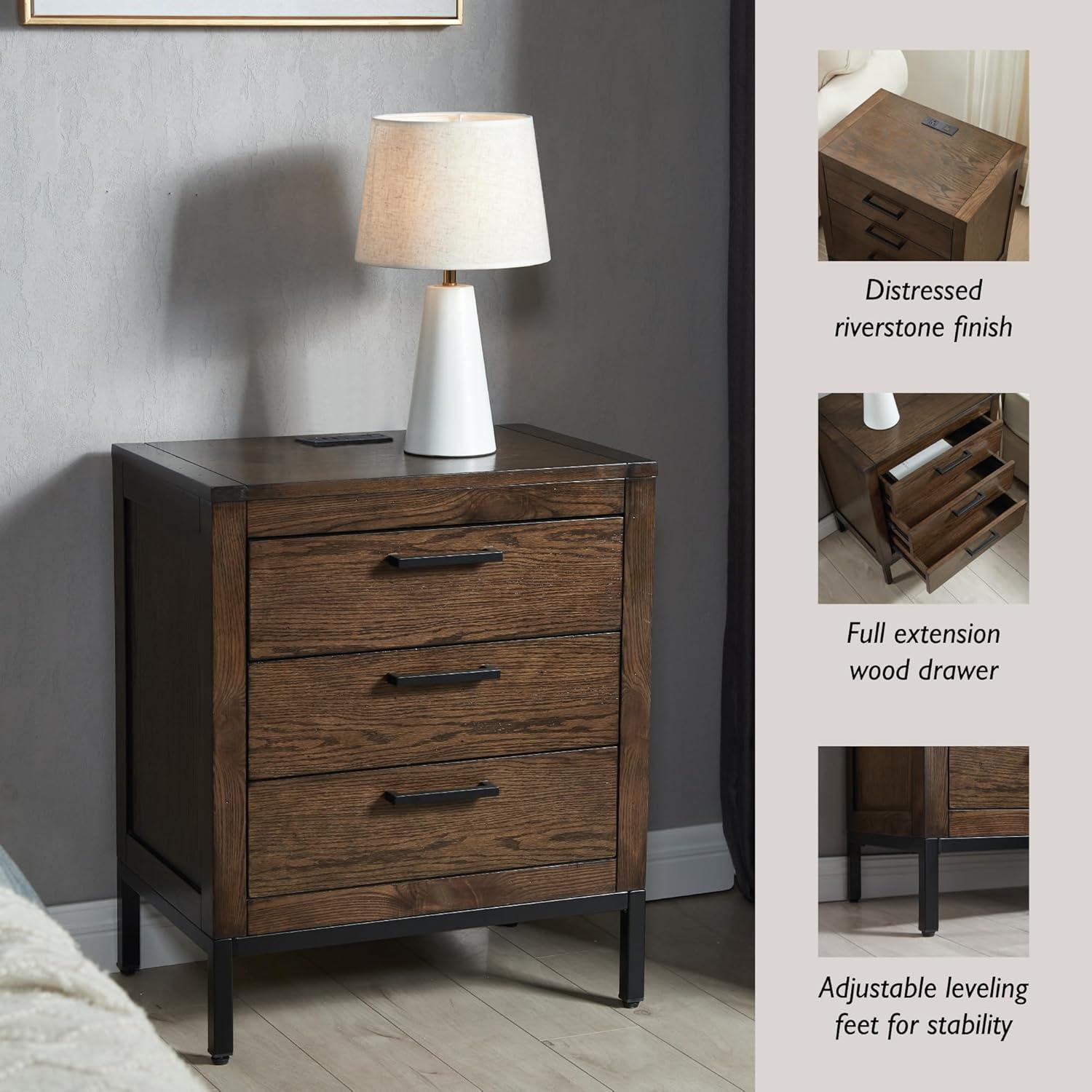 Distressed Riverstone Solid Wood 3-Drawer Nightstand with USB-C Charging