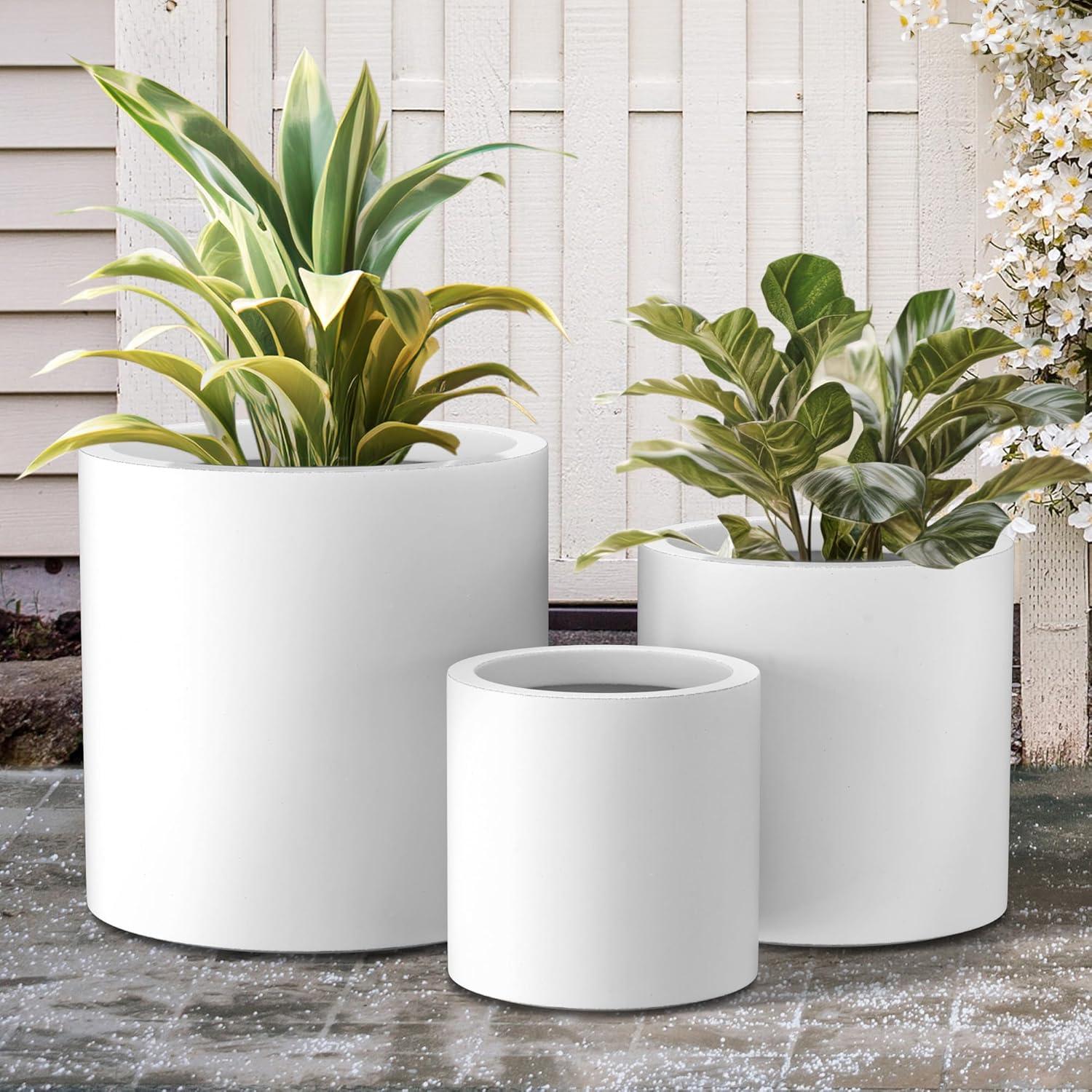 Set of 3 Modern Cylindrical Lightweight Concrete Outdoor Planters Pure White - Rosemead Home & Garden, Inc.