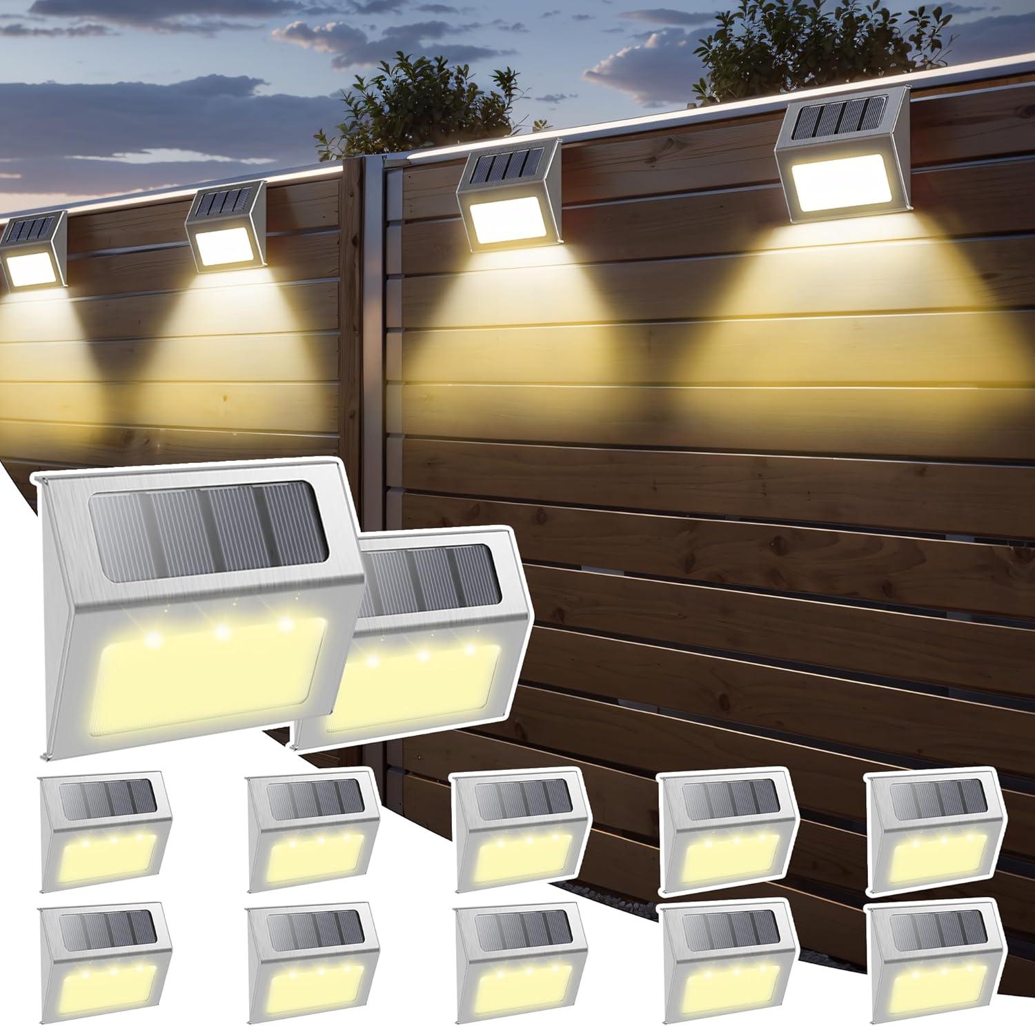 12 Pack GUSTELL Solar Deck Lights, Solar Powered Outside Fence Lights, Outdoor Waterproof for Garden Backyard Patio Yard Wall Stair Step Railing Post Lamp Lighting, Warm Light