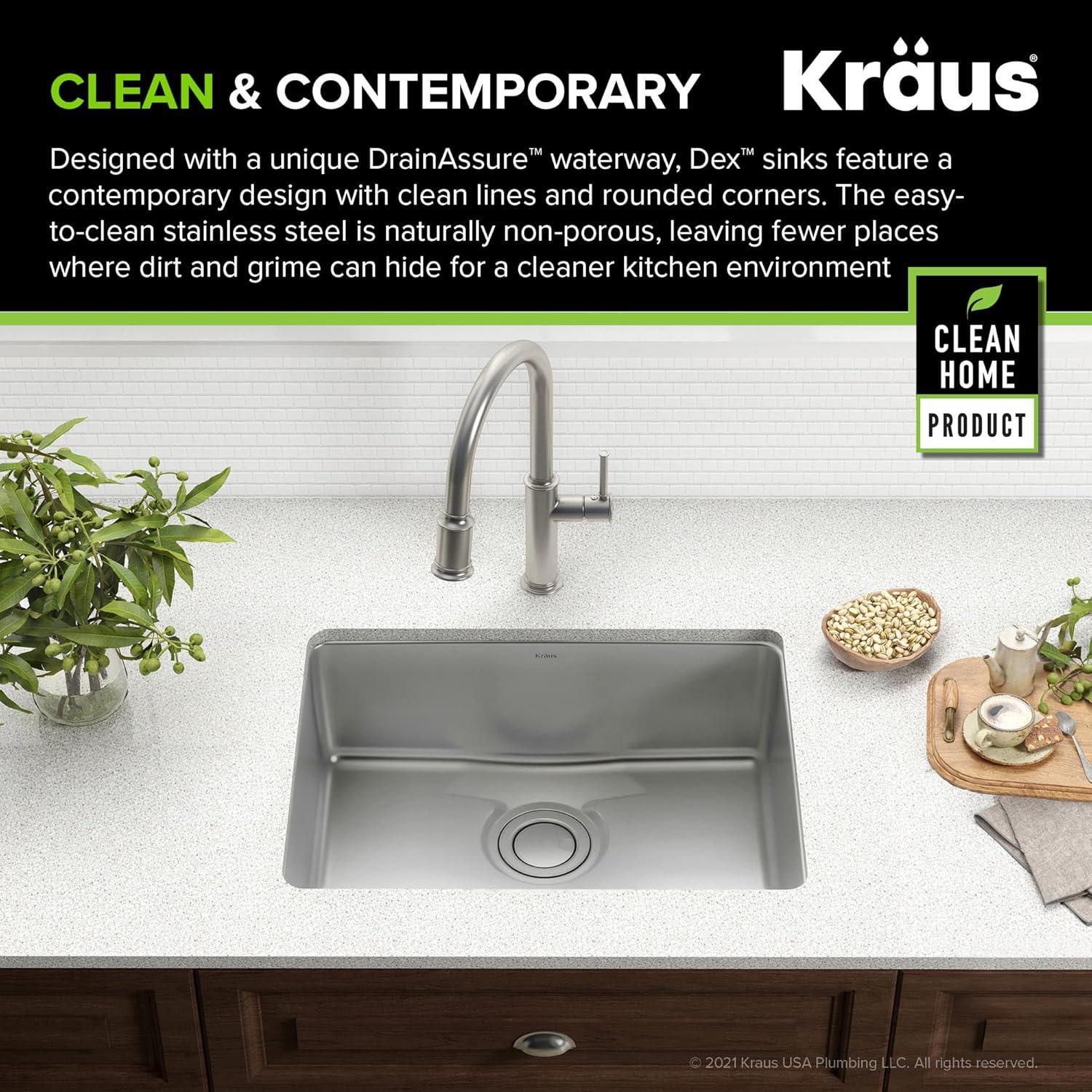 Dex™️ Series KRAUS 25-inch L Undermount Single Bowl TRU16 Gauge Stainless Steel Kitchen Sink with DrainAssure WaterWay