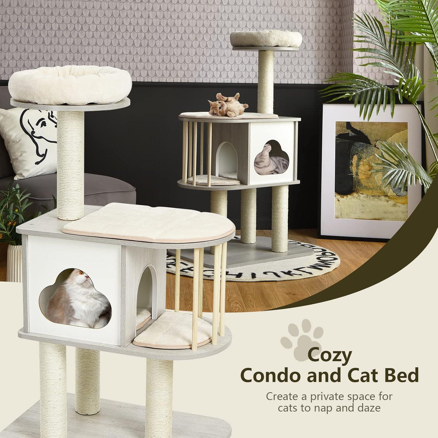 46'' Light Gray Wooden Cat Tree with Sisal Posts and Cushions