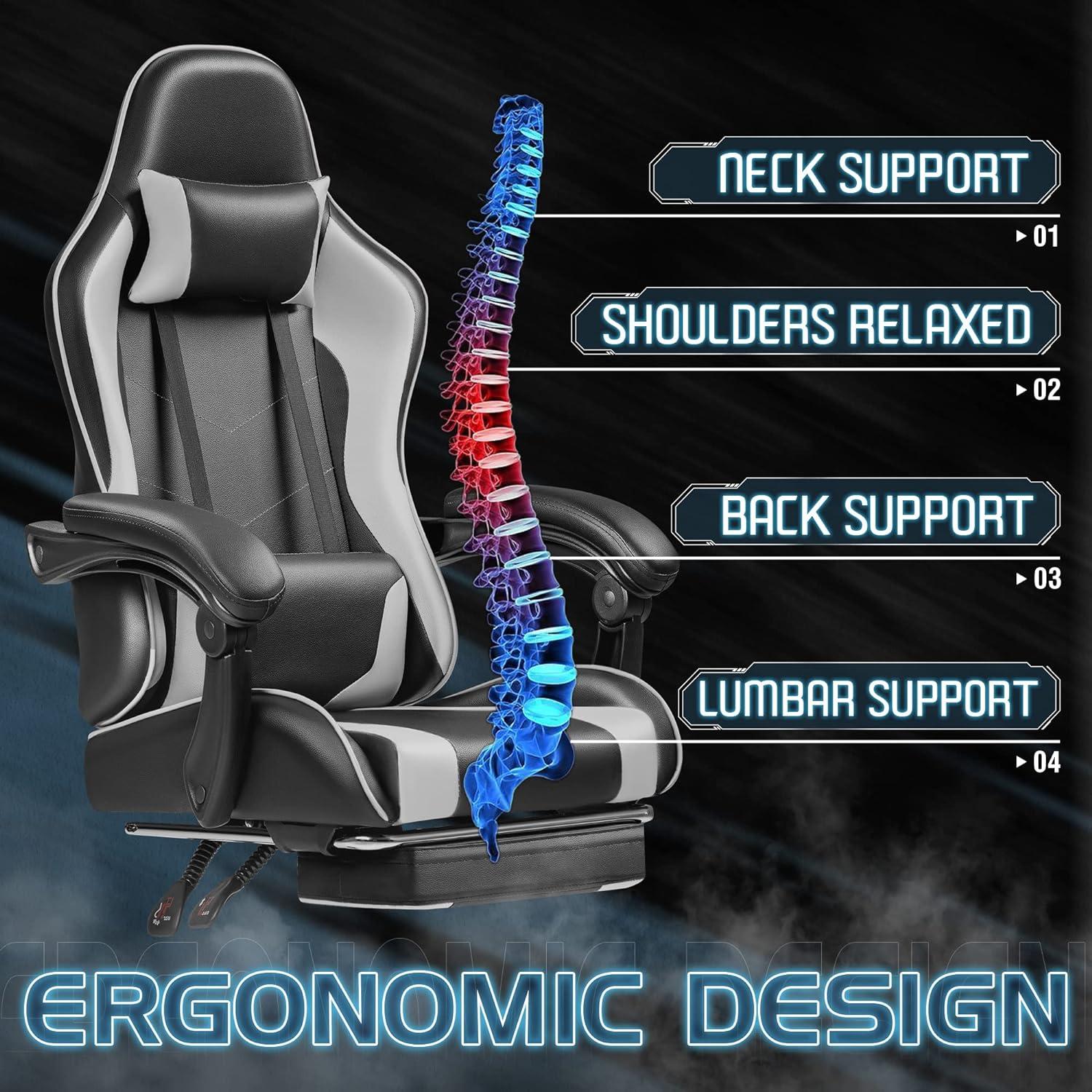 Killeryuki Gaming Chair, Video Game Chair with Footrest and Massage Lumbar Support, Ergonomic Computer Chair Height Adjustable with Swivel Seat and Headrest (White)