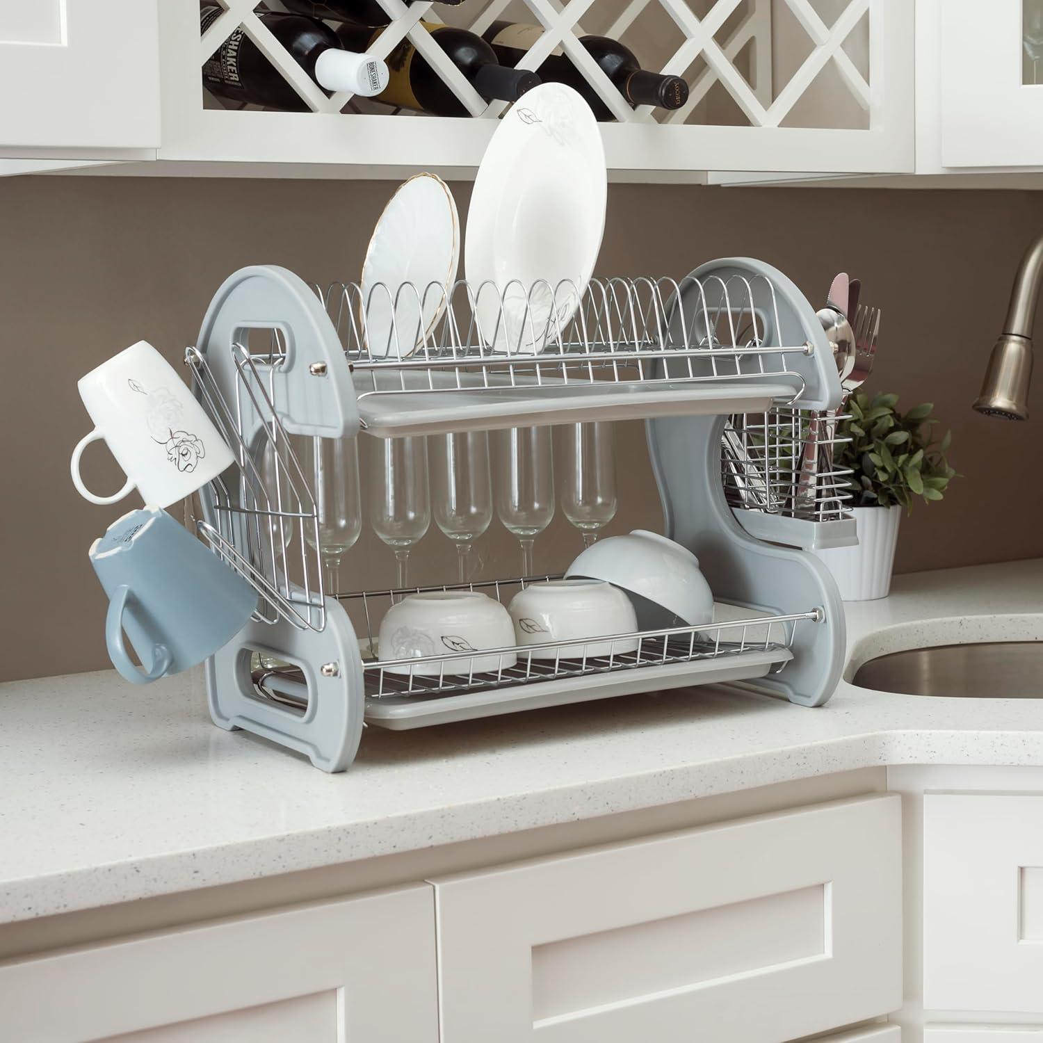 Home Basics S Shape 2-tier Dish Drainer, Grey