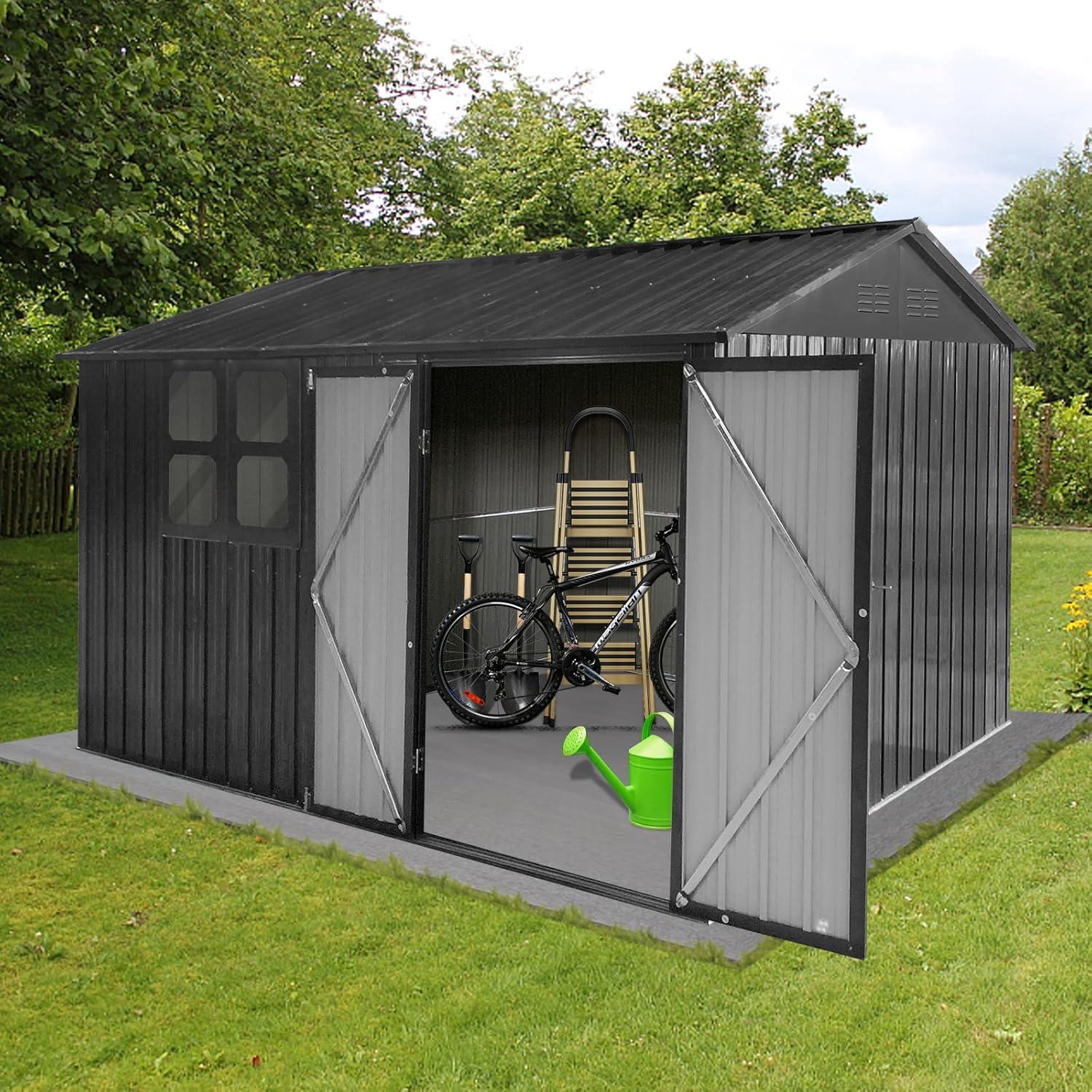 10ft x 8ft Dark Gray Metal Garden Storage Shed with Windows